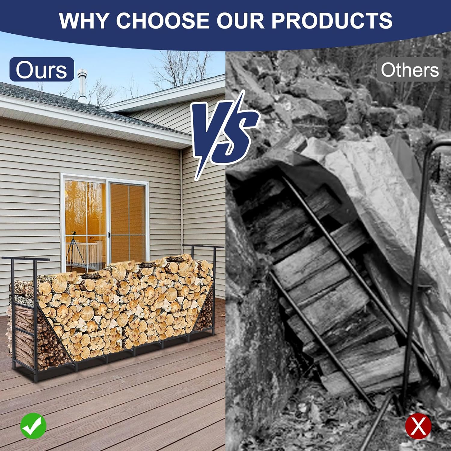 HONEST OUTFITTERS 8ft Firewood Rack Outdoor, Adjustable Heavy Duty Firewood Holder, Adjustable Wood Racks for Outdoor Indoor, Metal Log Racks for Firewood with Firewood Bag Carrier, Black