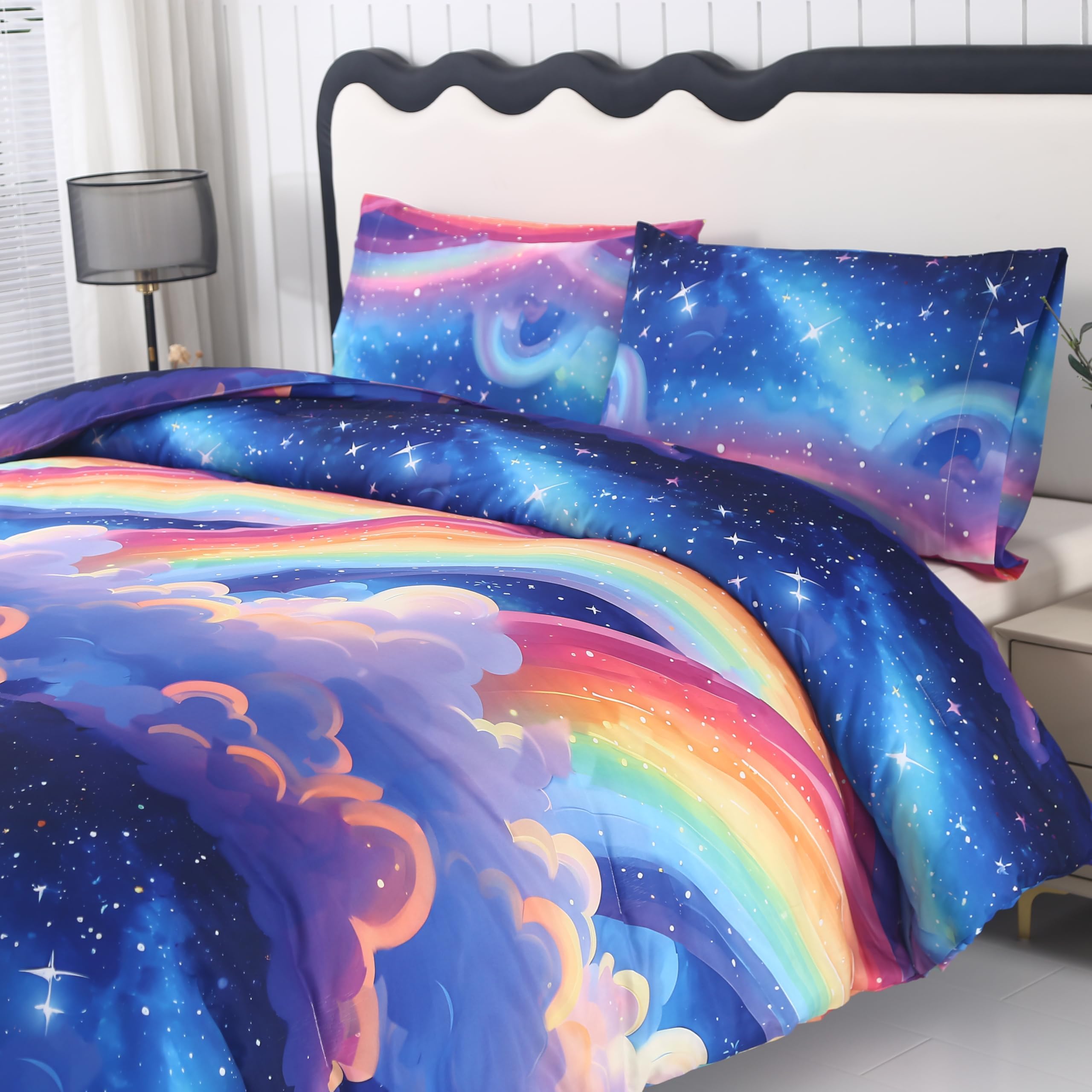 MAG 3Pcs Rainbow Comforter Full Size Set,Colorful Microfiber Digital Printing,All Season Space Galaxy Bedding Set with 1 Comforter + 2 Pillowcases for
