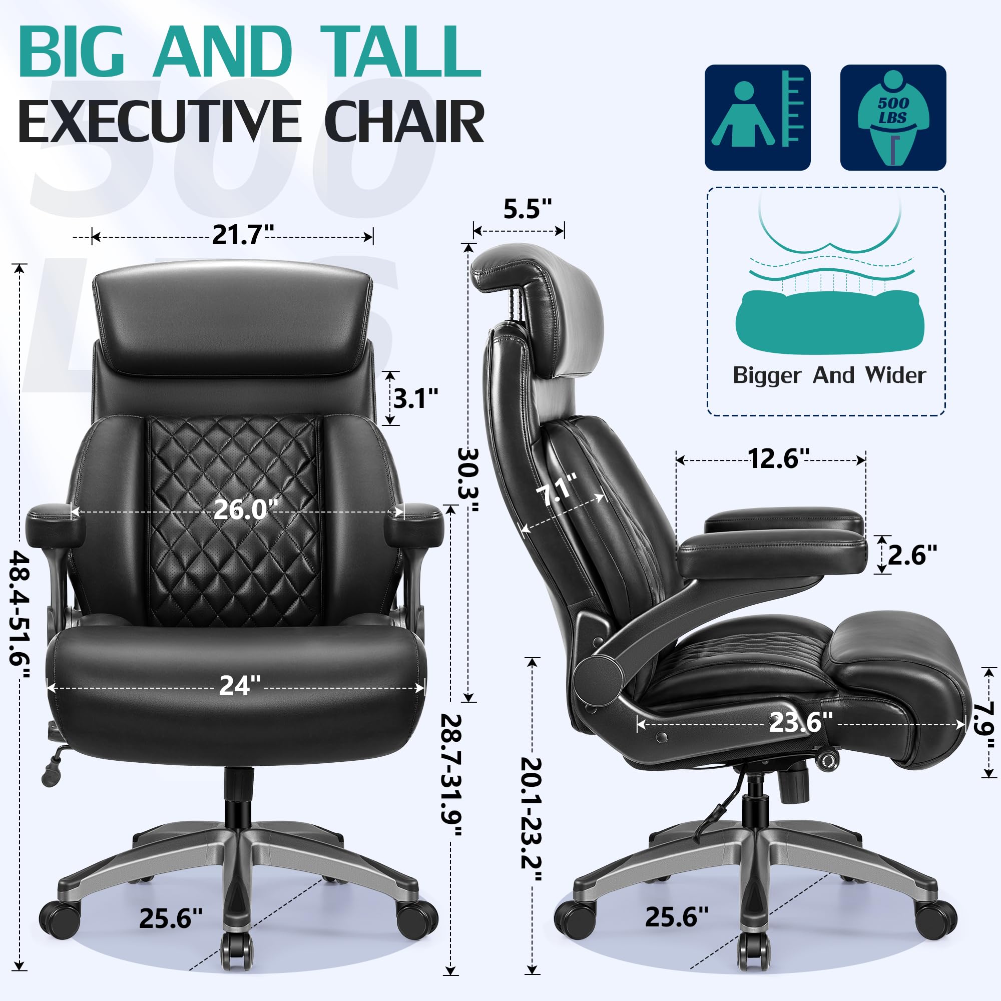 HeroSet 500lbs Executive Office Chair Big and Tall Home Desk Chairs for Large People Heavy Duty PU Leather — view 3