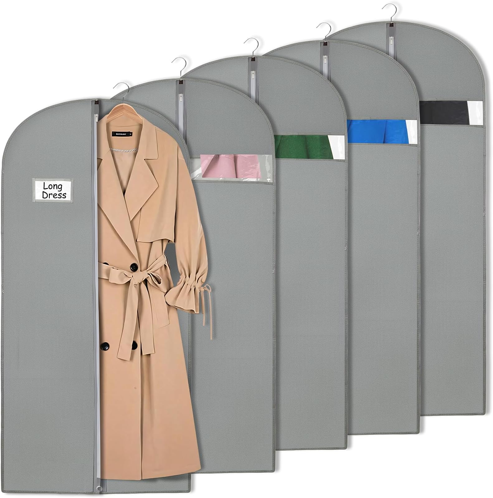 60x153cm Dress Bags Set of 5 Suit Bags for Travel,Closet Storage Breathbale Suit Cover, Garment Bags with Clear Window for Women, Men (Grey 5 Pcs)