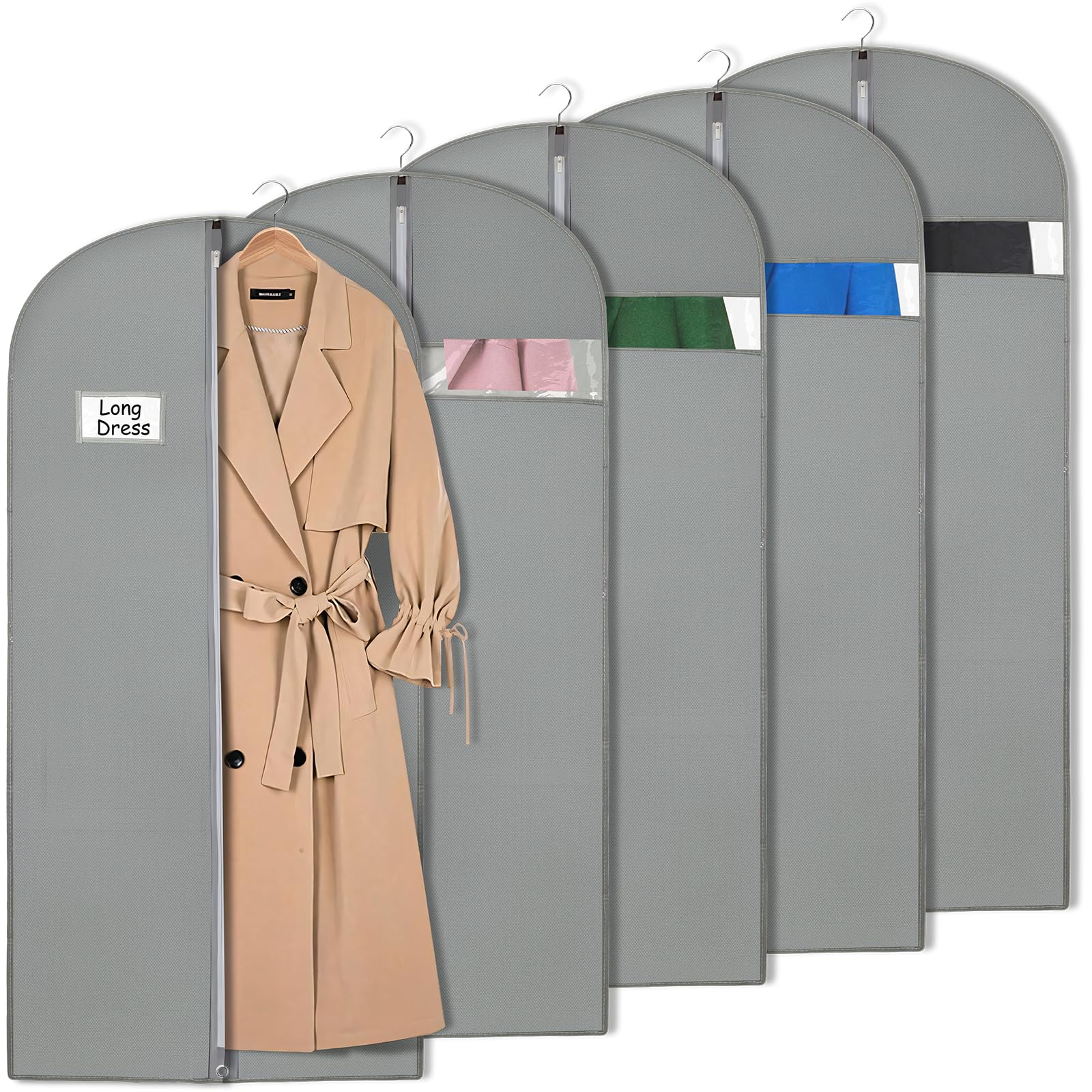 60x153cm Dress Bags Set of 5 Suit Bags for Travel,Closet Storage Breathbale Suit Cover, Garment Bags with Clear Window for Women, Men (Grey 5 Pcs)