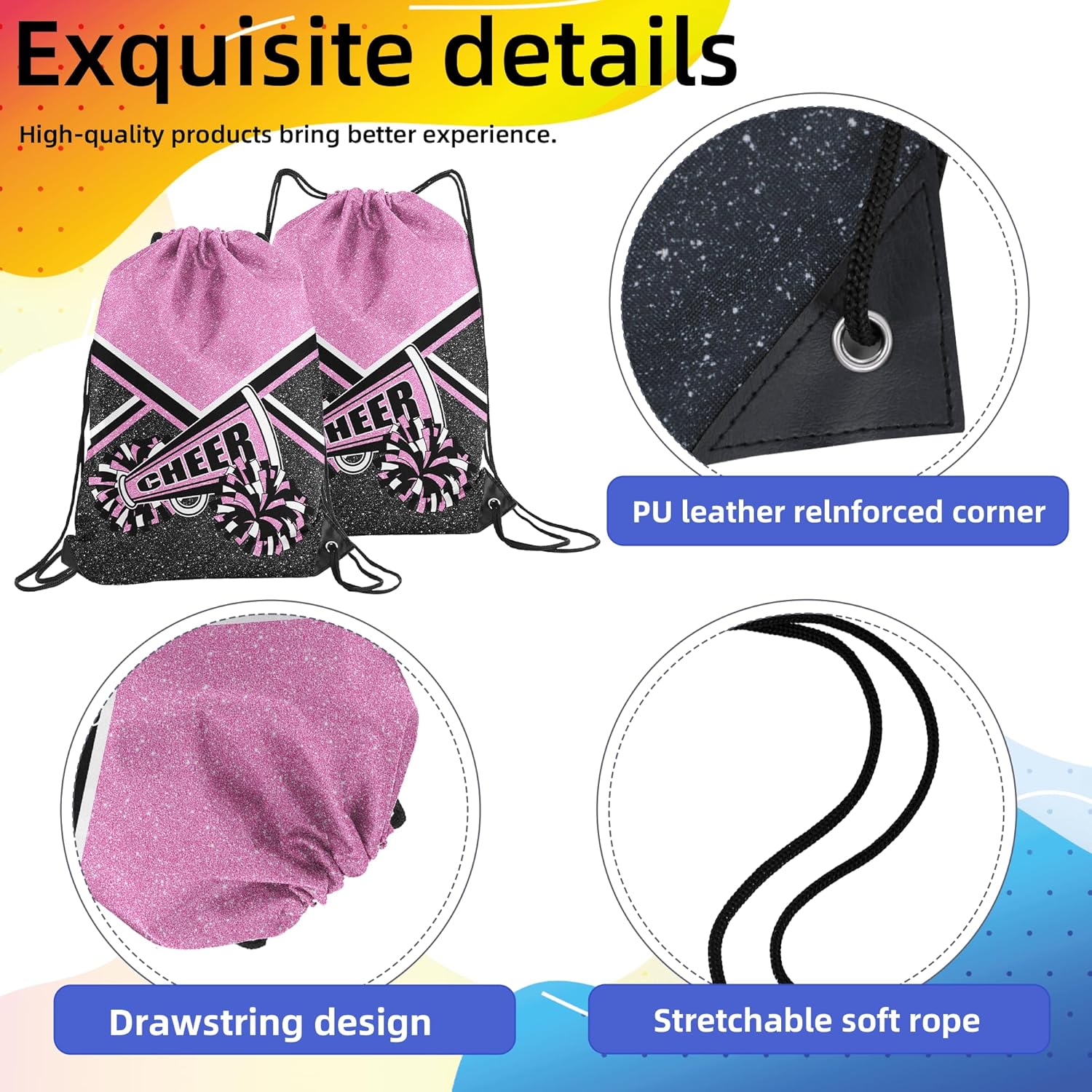 6 Pcs Cheer Drawstring Backpack Cheerleading Drawstring Bag Cheer Accessories Gifts for Cheerleaders (Pink)