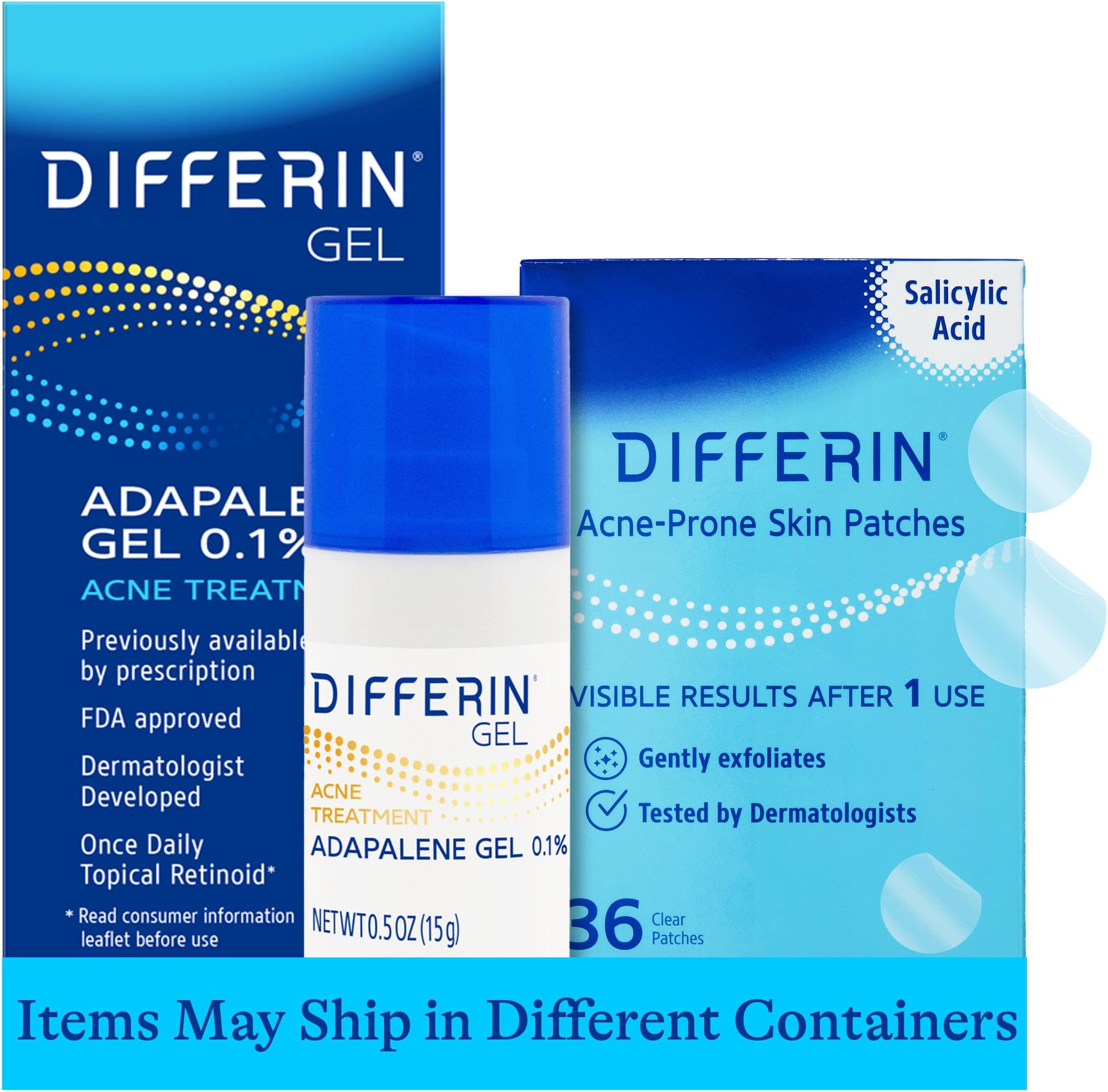 Differin Acne Treatment Gel and Differin Patch Set: 36 Power Patches, 18 large and 18 small patches for acne-prone skin and A30 day retinoid treatment with 0.1% Adapalene pump, Mother's Day Gifts
