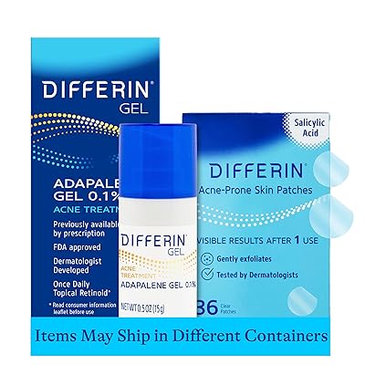 Differin Acne Treatment Gel and Differin Patch Set: 36 Power Patches, 18 large and 18 small patches for acne-prone skin and A30 day retinoid treatment with 0.1% Adapalene pump, Mothers Day Gifts