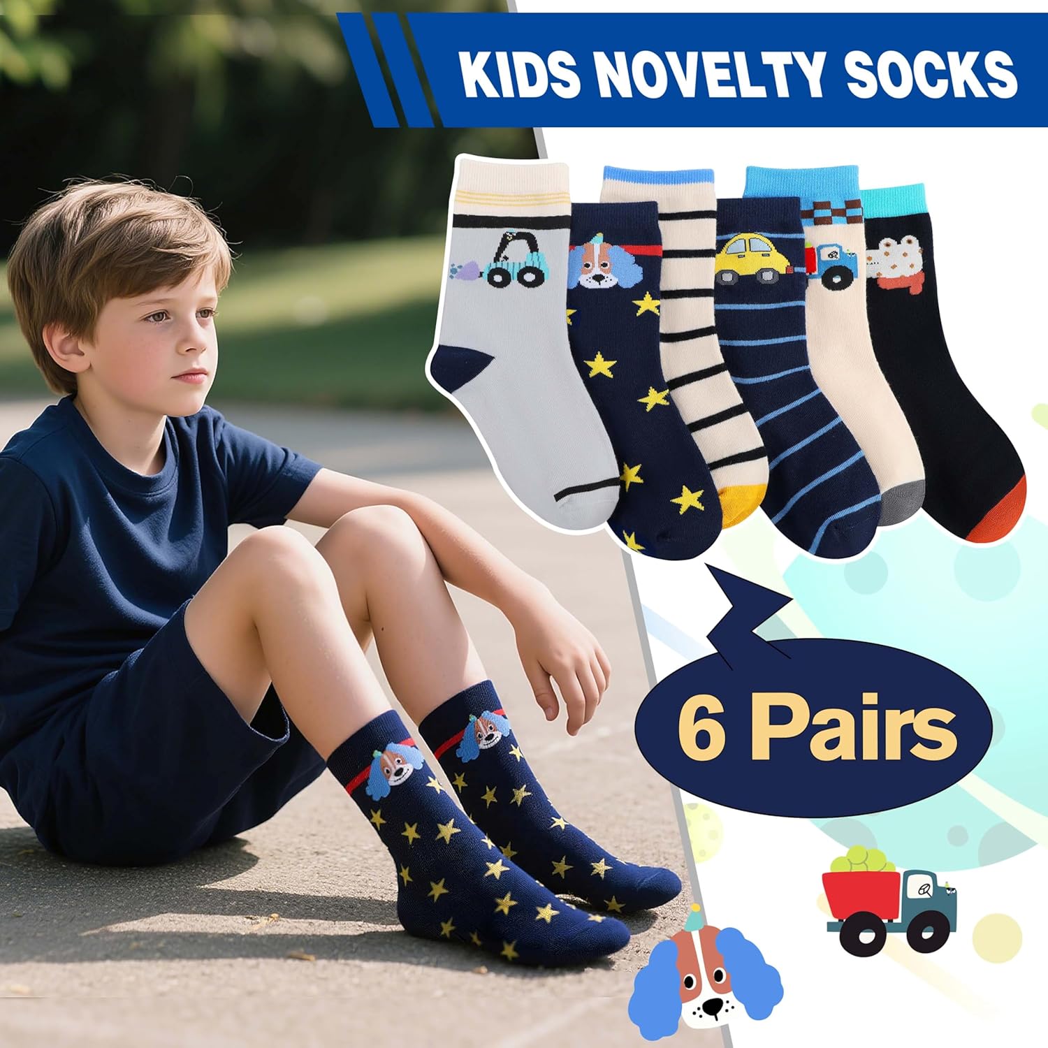 Kids Boys Fun Cotton Crew Socks Funny Crazy Cartoon Novelty Space Trucks Star Dress Socks 6 Pairs - Image 4