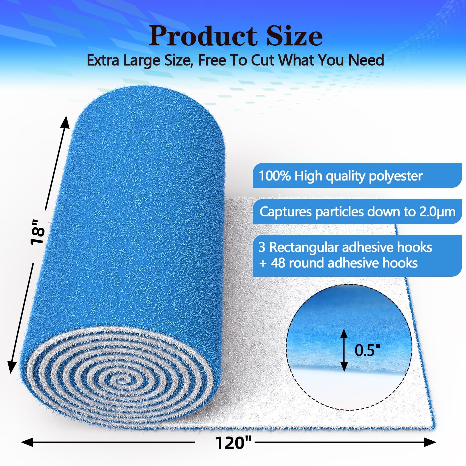 Luftfilter 45,7 x 308,5 cm, zuschneidbar, MERV 8 elektrostatische Luftfilterrolle, blaue und weiße Entlüftungsfilter für Zuhause, Boden, Wohnmobil, Klimaanlage, Decke, Kühlung, HVAC-Ofenentlüftung usw