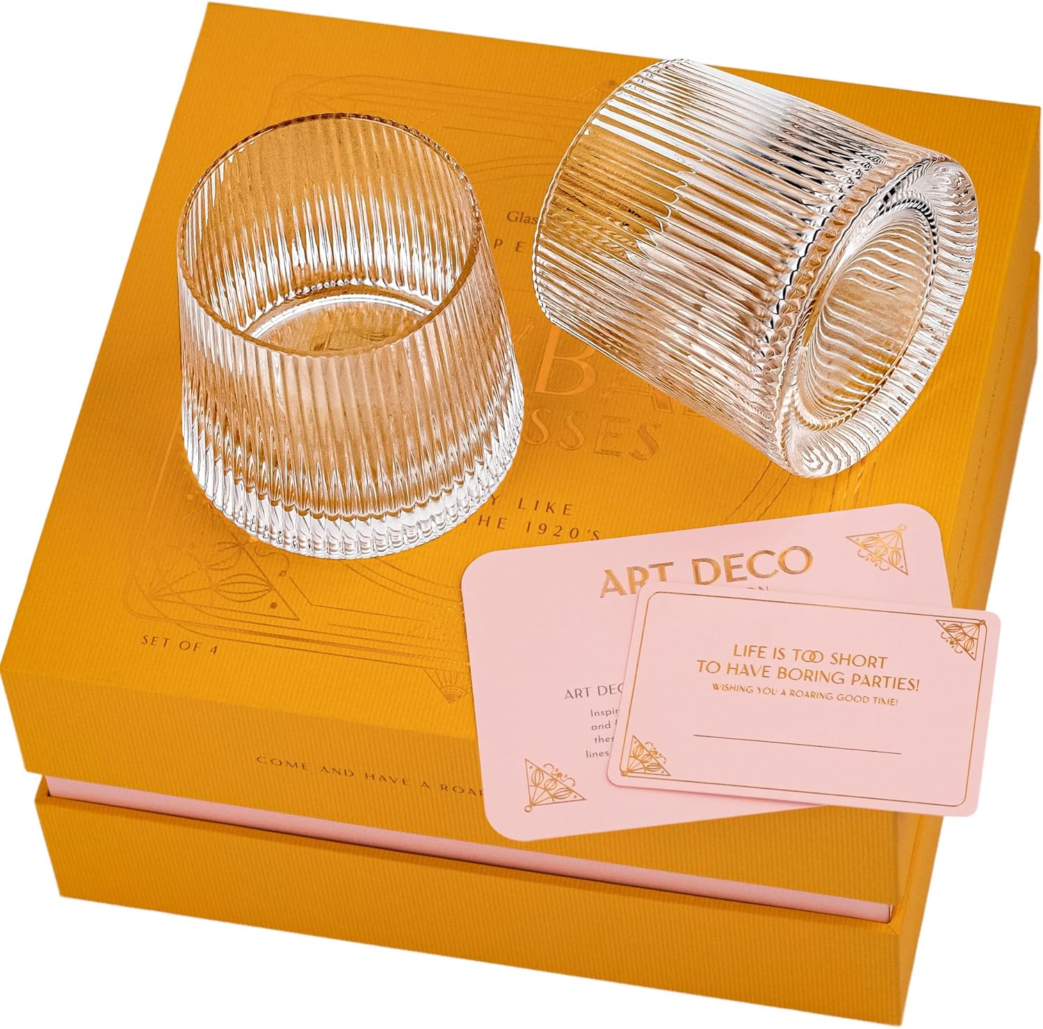 GLASSIQUE CADEAU Vintage Art Deco Speakeasy Lowball Glasses | Set of 4 | 9 oz Crystal Tumblers for Drinking Classic Gin, Rum, Vodka Bar Drinks | Round Short Rocks Glassware