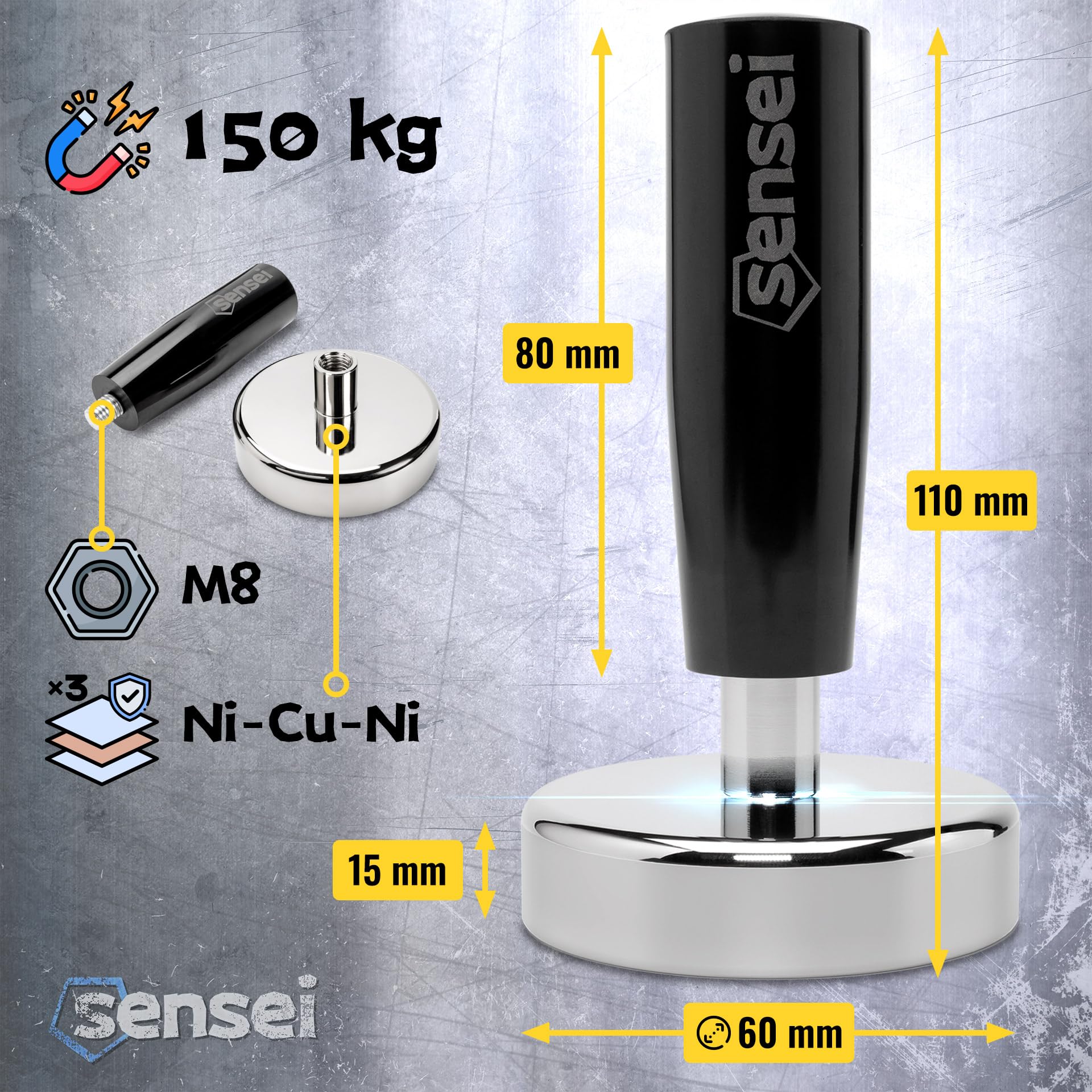 SENSEI® Magnete al Neodimio Potente con Manico – Ø 60 mm, Forza di Attrazione 150 kg, Calamita Filettata M8 per Officina e Industria