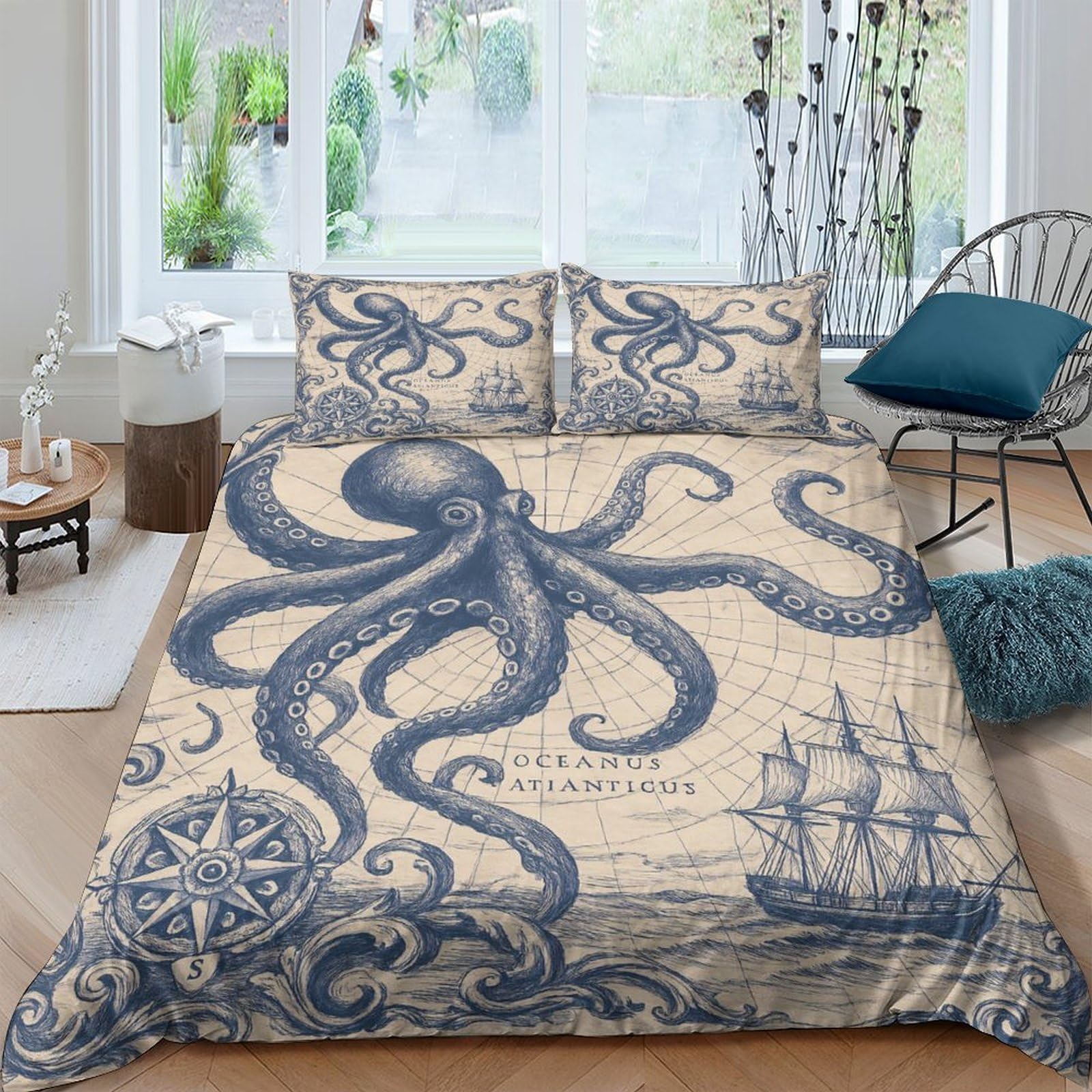 Ctjqhvkz Style-8 3D Printed Vintage Octopus Fitted Sheet Microfiber Nautical Map Bed Cover For Bedroom Guest Room Decor Washable Single（135X200cm）