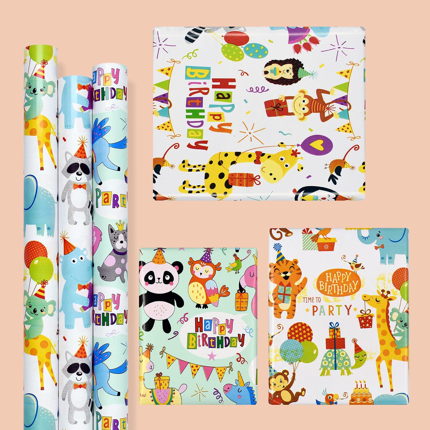 3 rollos de papel de regalo de animales de 17 pulgadas x 10 pies, papel de regalo de feliz cumpleaños reutilizable para niños, niñas y niños.
