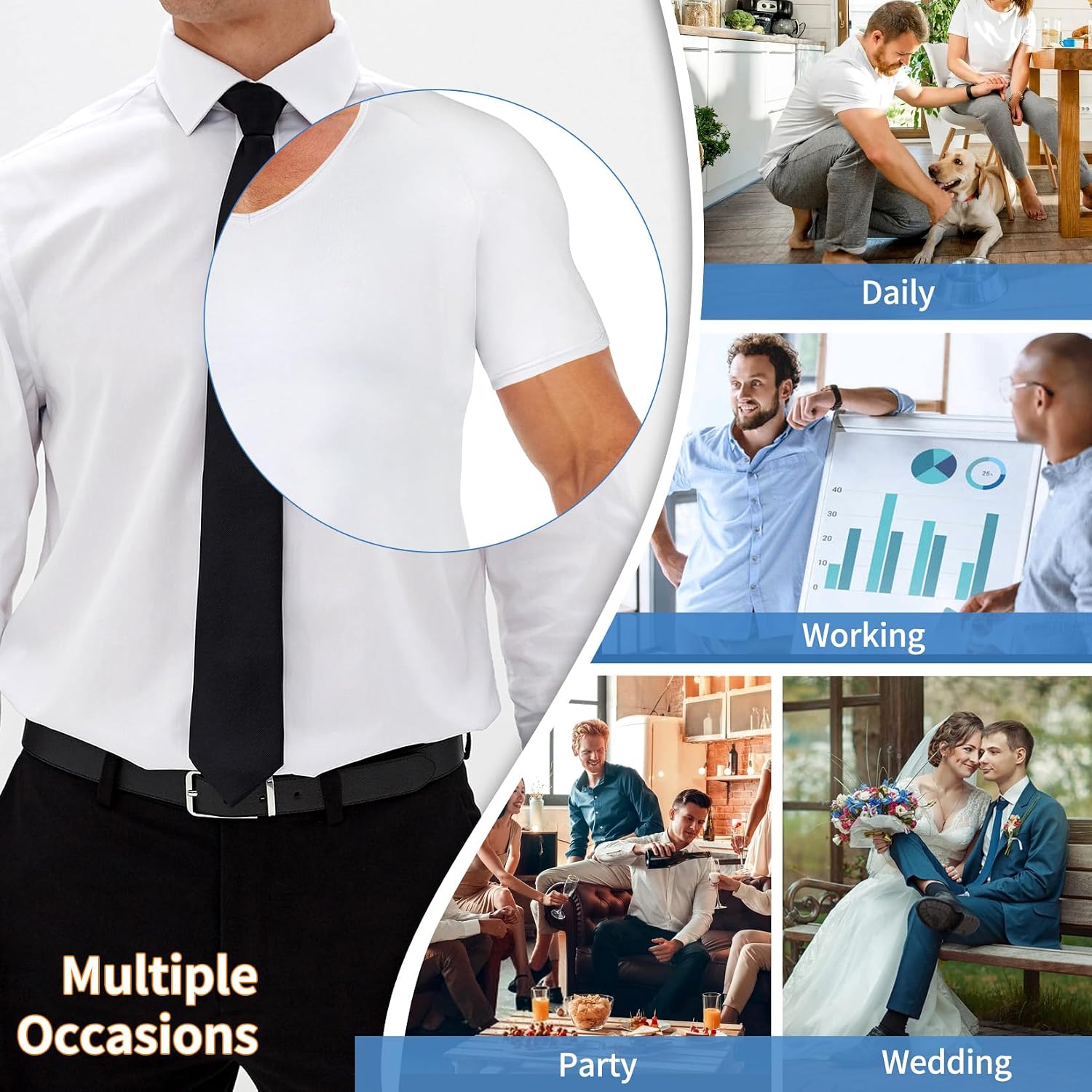 MISS MOLY Men's Sweatproof Undershirt V Neck Sweat Proof Shirt with Underarm Sweat Pads Moisture Wicking T-Shirt