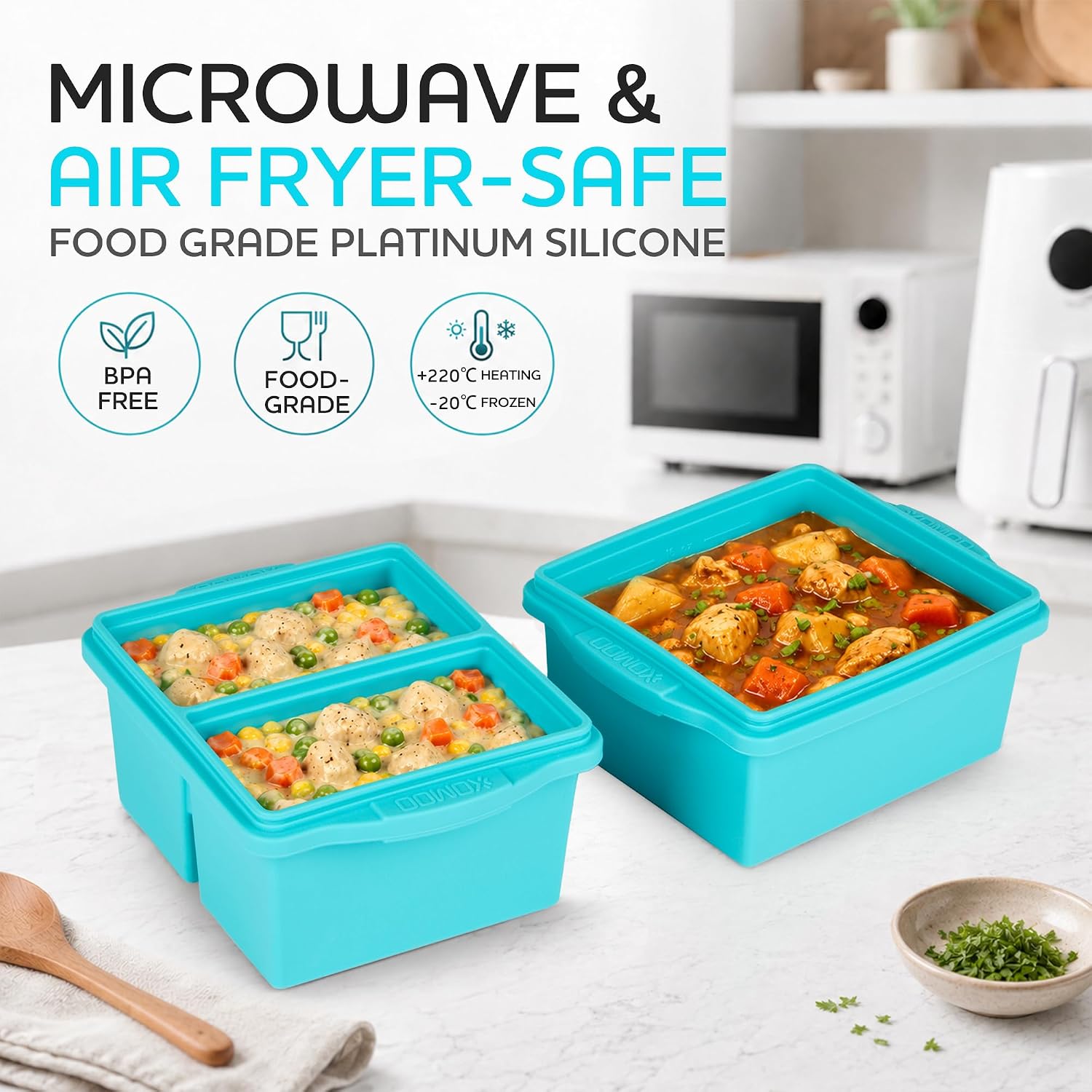 XOMOO Silicone Freezer Trays with Lids, 1 & 2‑Cup Portion, 4 Pack