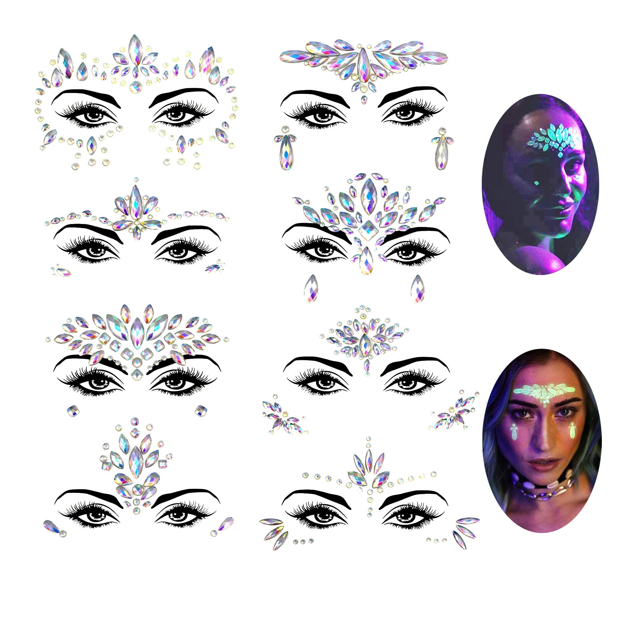 Lucktao8 Sets Noctilucent Gemstones for Face, Luminous Temporary Glitter Tattoo Stickers, Acrylic Crystal, Waterproof, Jewellery, Rainbow, Tears, Rhinestones for Party