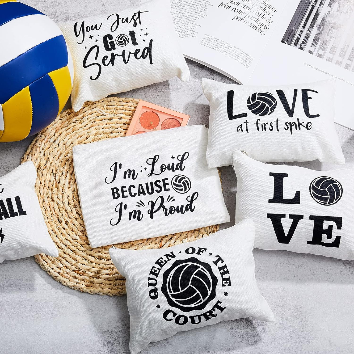 Saintrygo 9 Pieces Volleyball Makeup Bags Canvas Cosmetic Bags with Words Volleyball Makeup Case Portable Travel Storage Case Pouch Toiletry Bag with Zipper for Women Players Teams(White Base) - Image 4