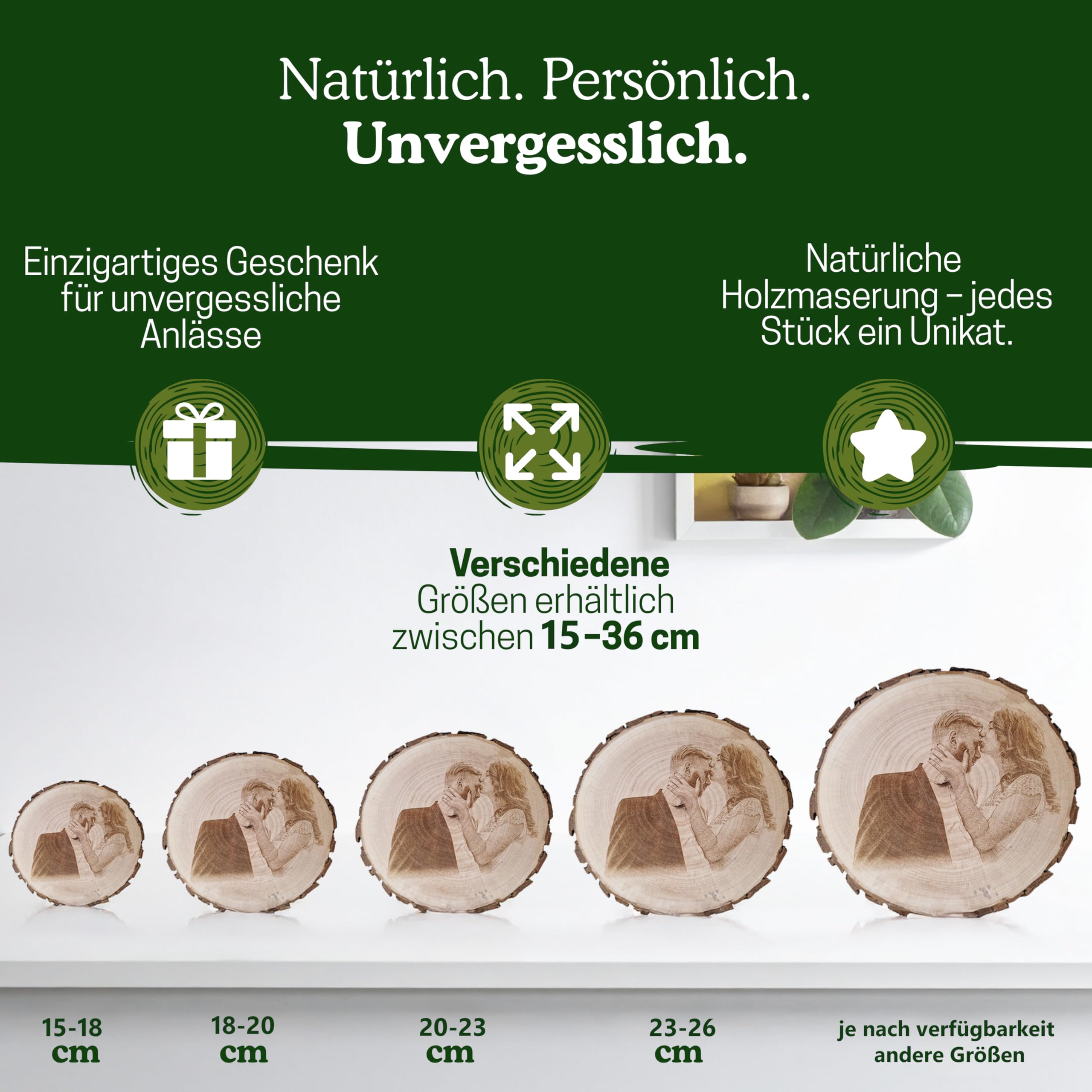 personalisierte Baumscheibe mit Gravur & Foto, personalisierte Geschenke zum Hochzeitstag, Jahrestag, Hochzeit, Jubiläum oder Geburtstagsgeschenk, individuelle Fotogeschenke aus massivem Holz