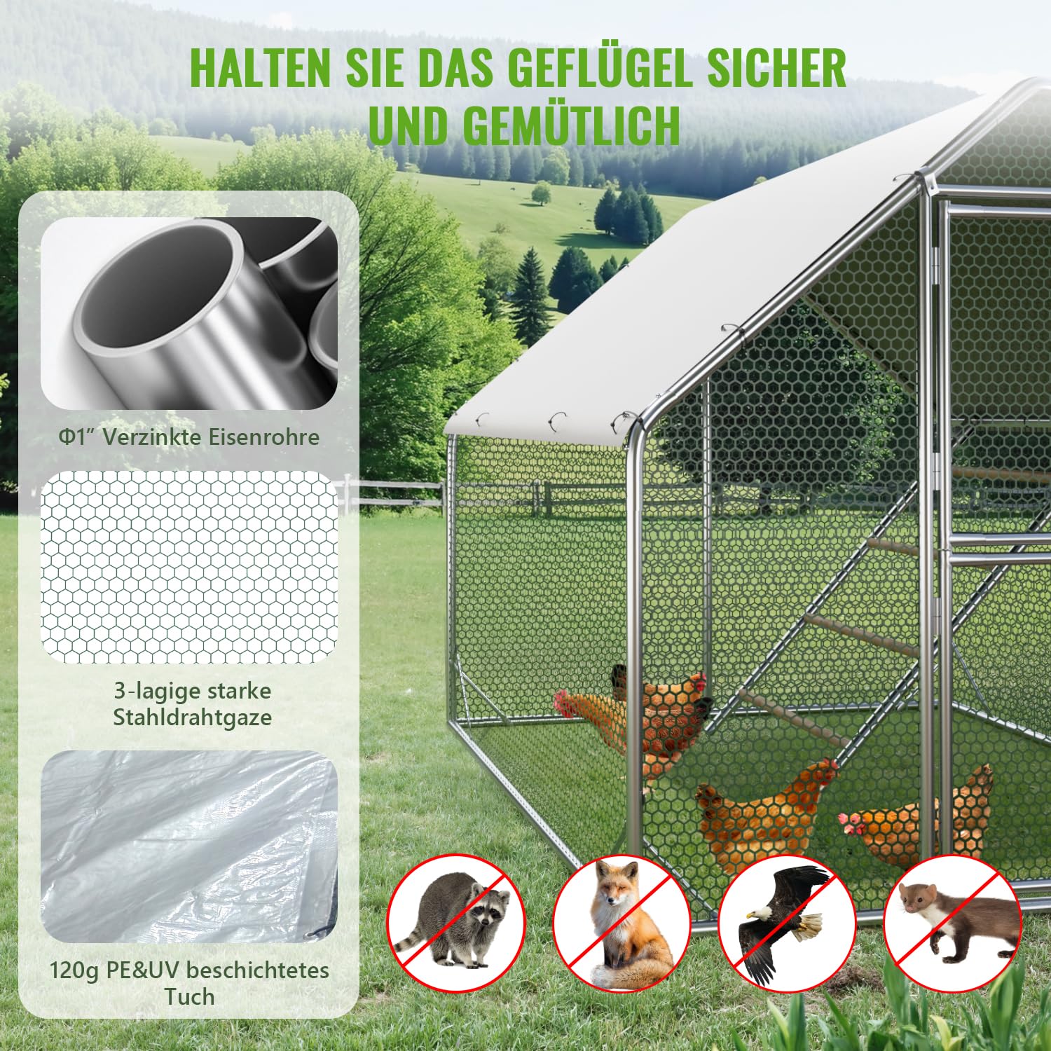 Gallinero grande de metal 2 x 2 x 1,7 m con cubierta de techo, cercado para gallinero para jardín, resistente a la intemperie, para 4 a 6 gallinas, con accesorios y escalera de asiento