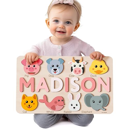 Personalize Name Puzzle for Toddler with Animal, Baby Gift for Girl and Boy 0 1 2 3 Year Old, Personalized Puzzle for Kid, 1 Year Old Kid Gifts, Customized Baby Gift, Educational Name Toy