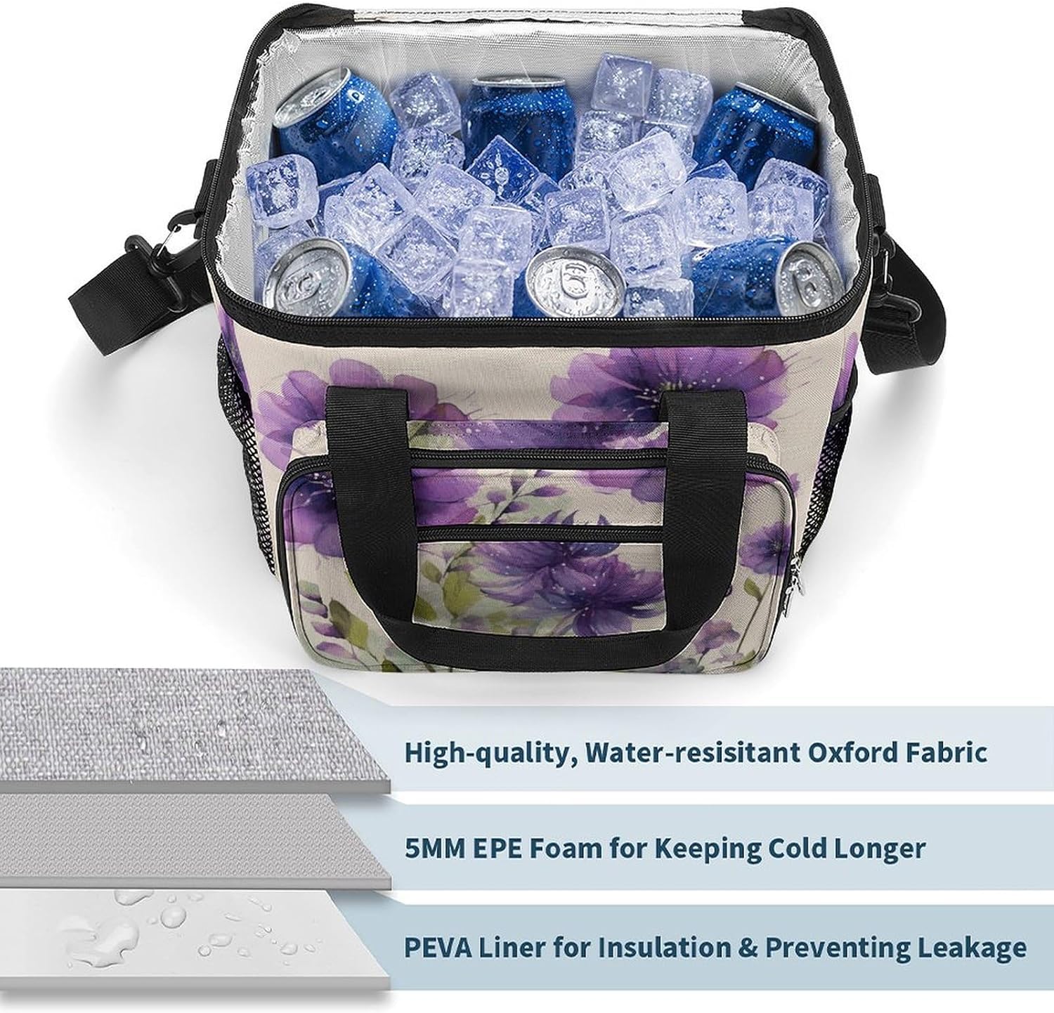 Camping Ice Pack, Watercolor Style Purple Flowers Print Cooler Bag, 22.5L Large Capacity Insulated Lunch Tote Bag for Outdoor, Picnic, BBQ, Travel, Work
