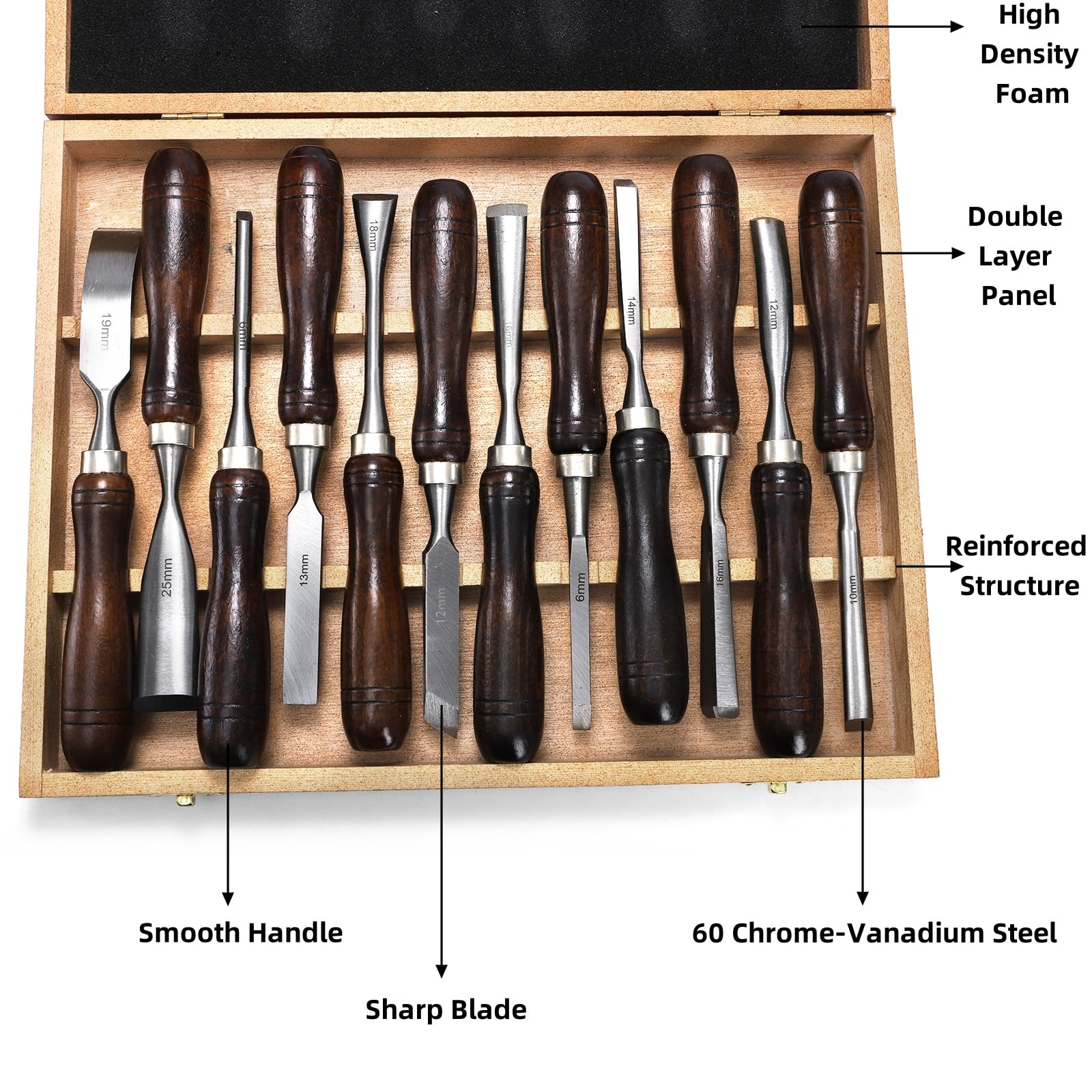 Covzoe Paquete de 12 herramientas de tallado de madera, juego de cinceles finamente elaborados con caja de madera, hoja de borde de acero CR-V con mango de madera premium, herramientas profesionales