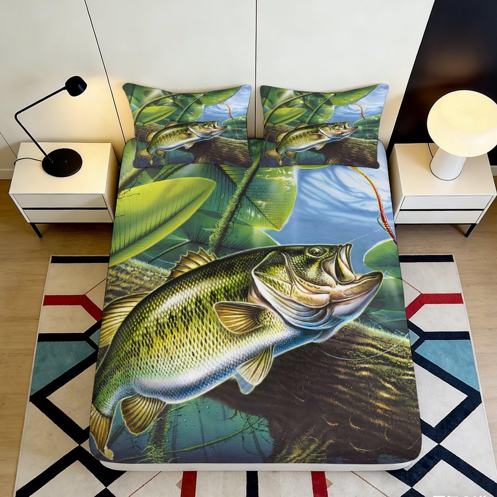 3D Printed Largemouth Bass Lake View Fitted Sheet Microfiber Soft Mattress Cover for Bedroom Guest Room Decor 90x200x25cm