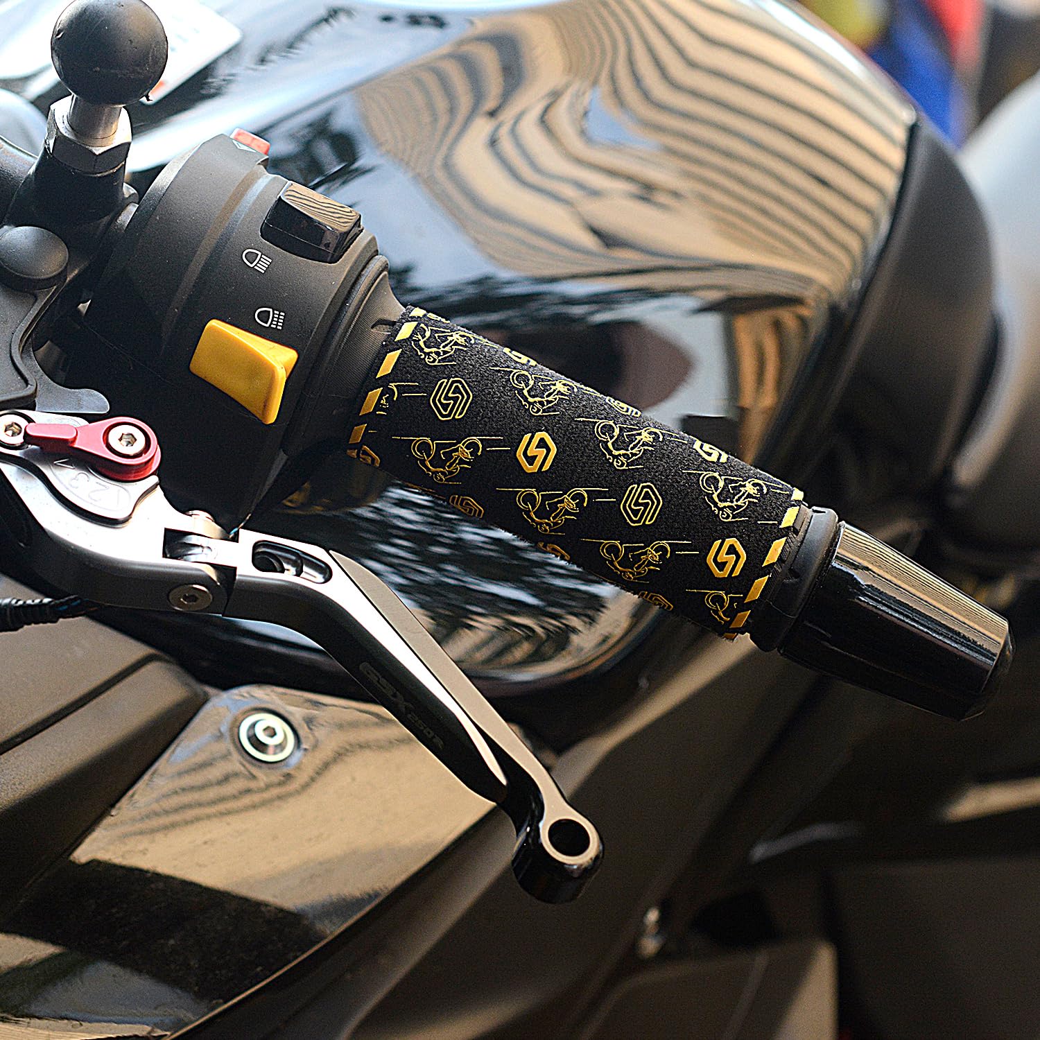 Ogrzewane uchwyty na kierownicę motocyklową USB 5 V z 6-stopniową regulacją temperatury i pamięcią, żółte podgrzewacze rąk z włókna aramidowego, z wodoodpornym przełącznikiem, mocowaniem