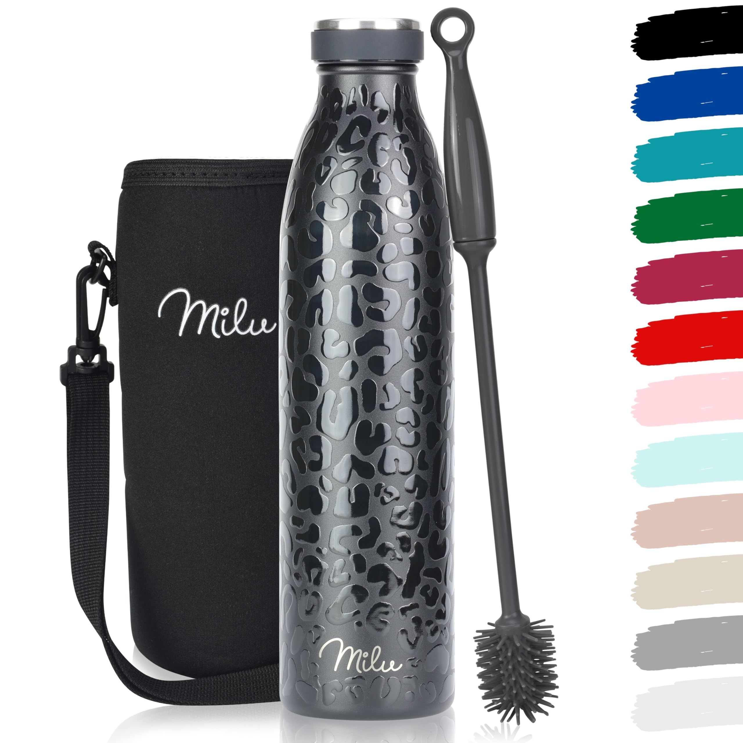 Milu Stainless Steel Drinking Bottle 750 ml - Insulated Thermo Flask for Water - Leak Proof, Insulated and Double Walled, Carbonated (Black Leopard, 750ml)