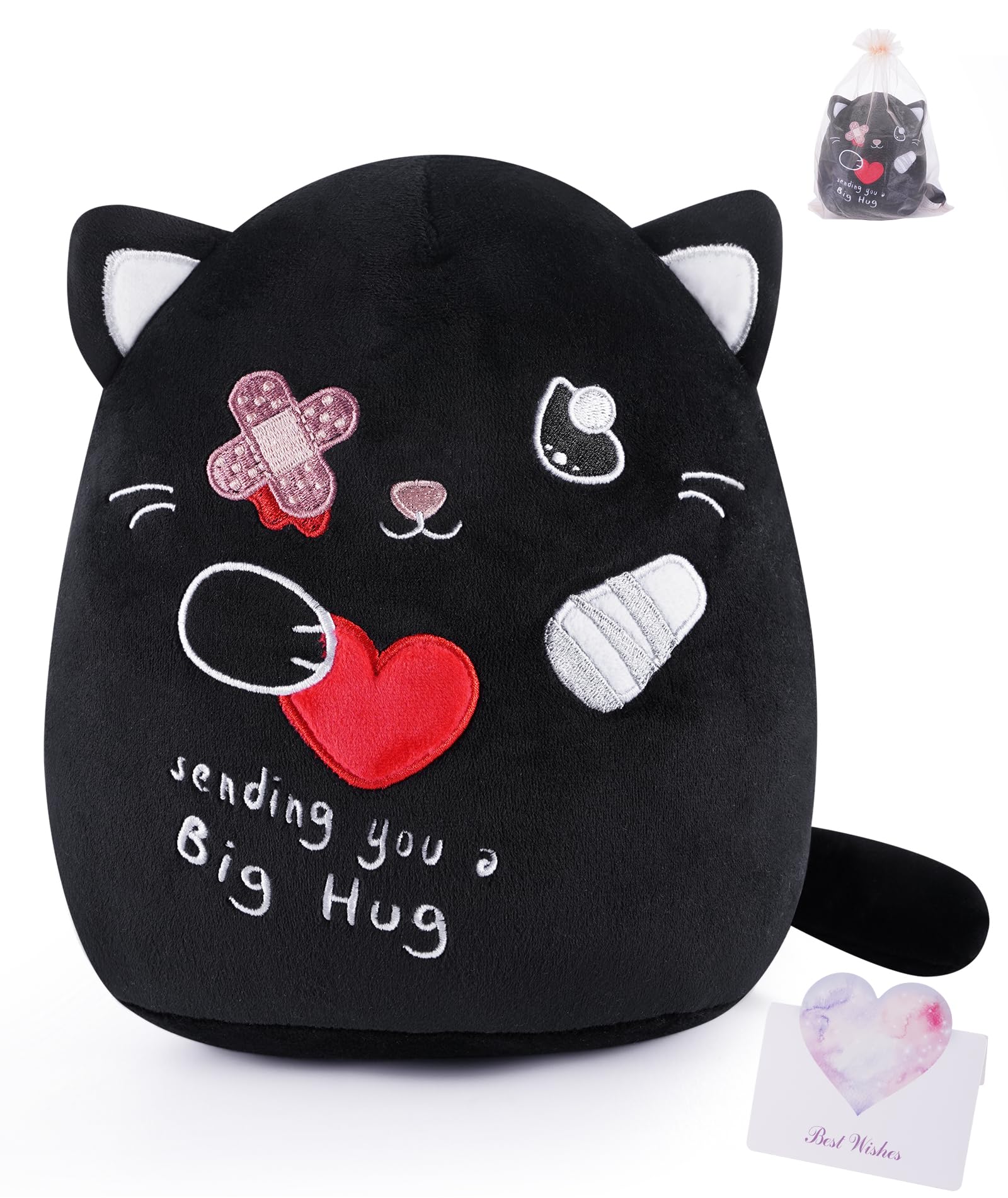 LeYoHa Get Well Soon Cat Plush - Black Cat Stuffed Animals Plushies Toys with Band-Aid Kids' Pillow Cushion Gifts for Patient Girls Boys Valentine's