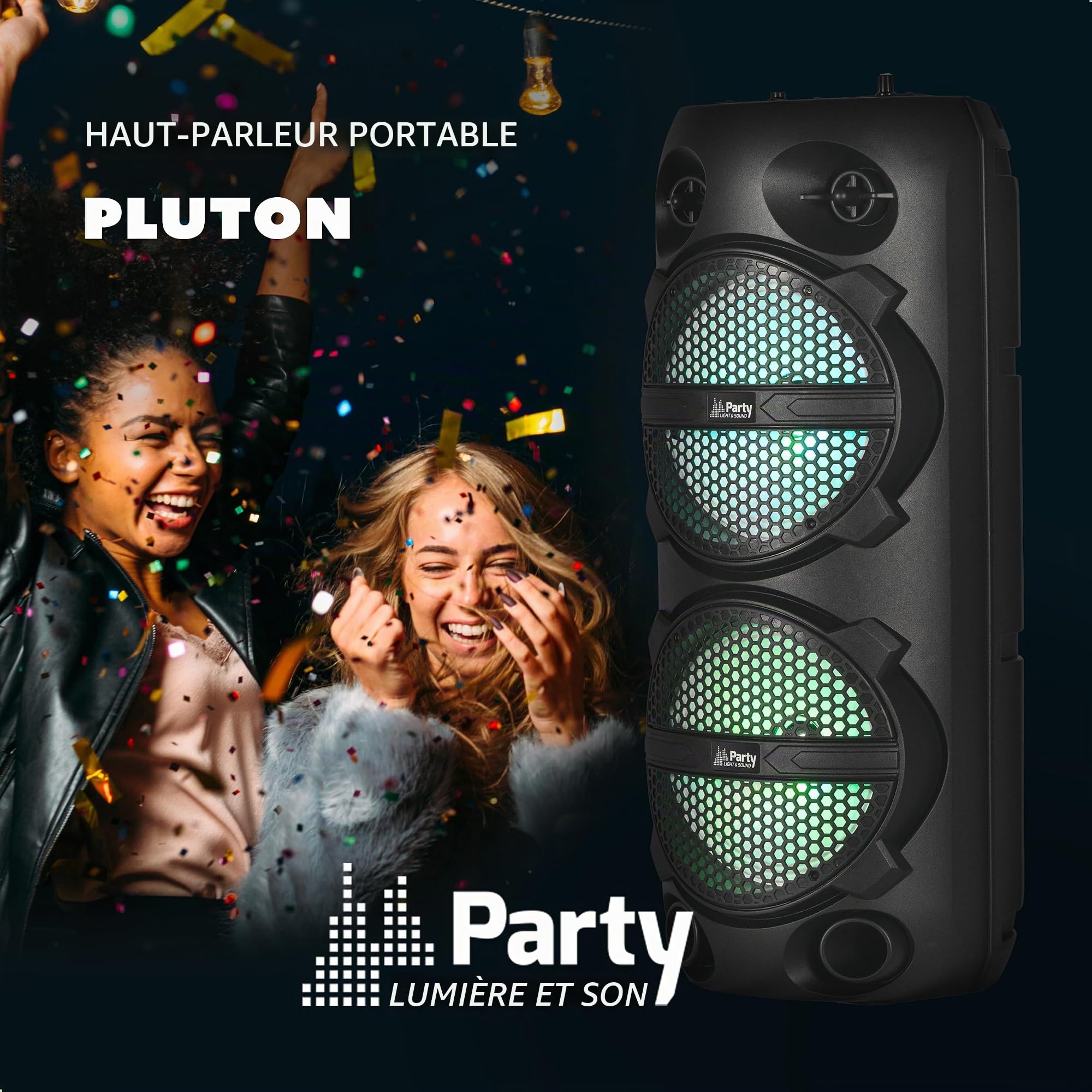 Party Light & Sound - Pluton - Enceinte, Baffle de 2 x 8”/20cm de 300W sur Batterie Rechargeable - Effet Lumineux - 1 Micro Filaire et 1 télécommande - Bluetooth, USB, Micro SD et TWS - Noir
