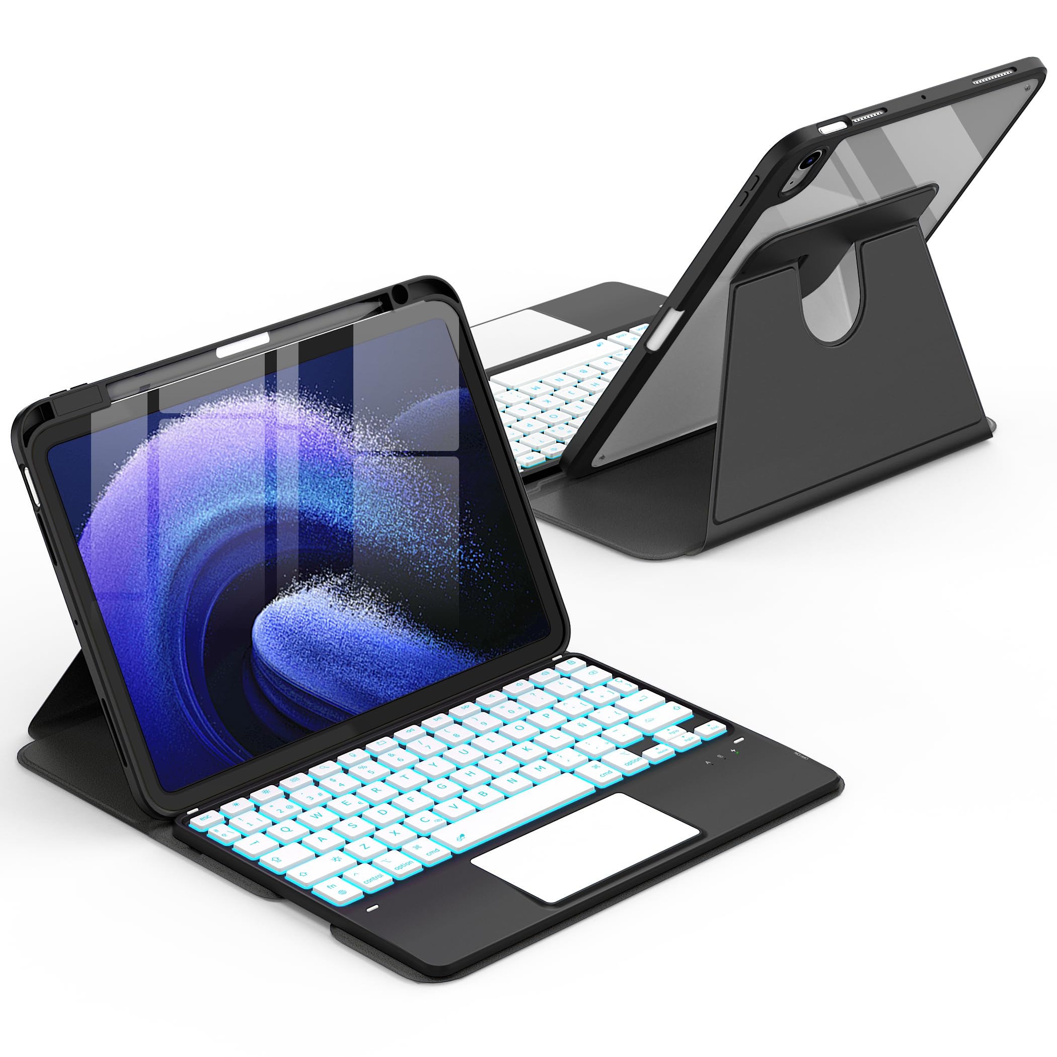 CACOE Funda con Teclado Giratorio 360° para iPad Air 11 Pulgadas (M4 2026/M3 2025/M2 2024), Air 5/4 Generación con Panel Táctil, Retroiluminación de 7 Colores, Teclado Inalámbrico Extraíble, Negro