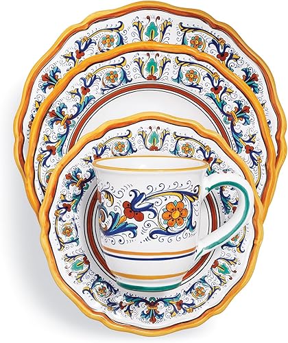 Sur La Table Nova Deruta - Juego de vajilla de cerámica de 16 piezas, tazas de diseño floral de inspiración italiana, platos llanos, platos de