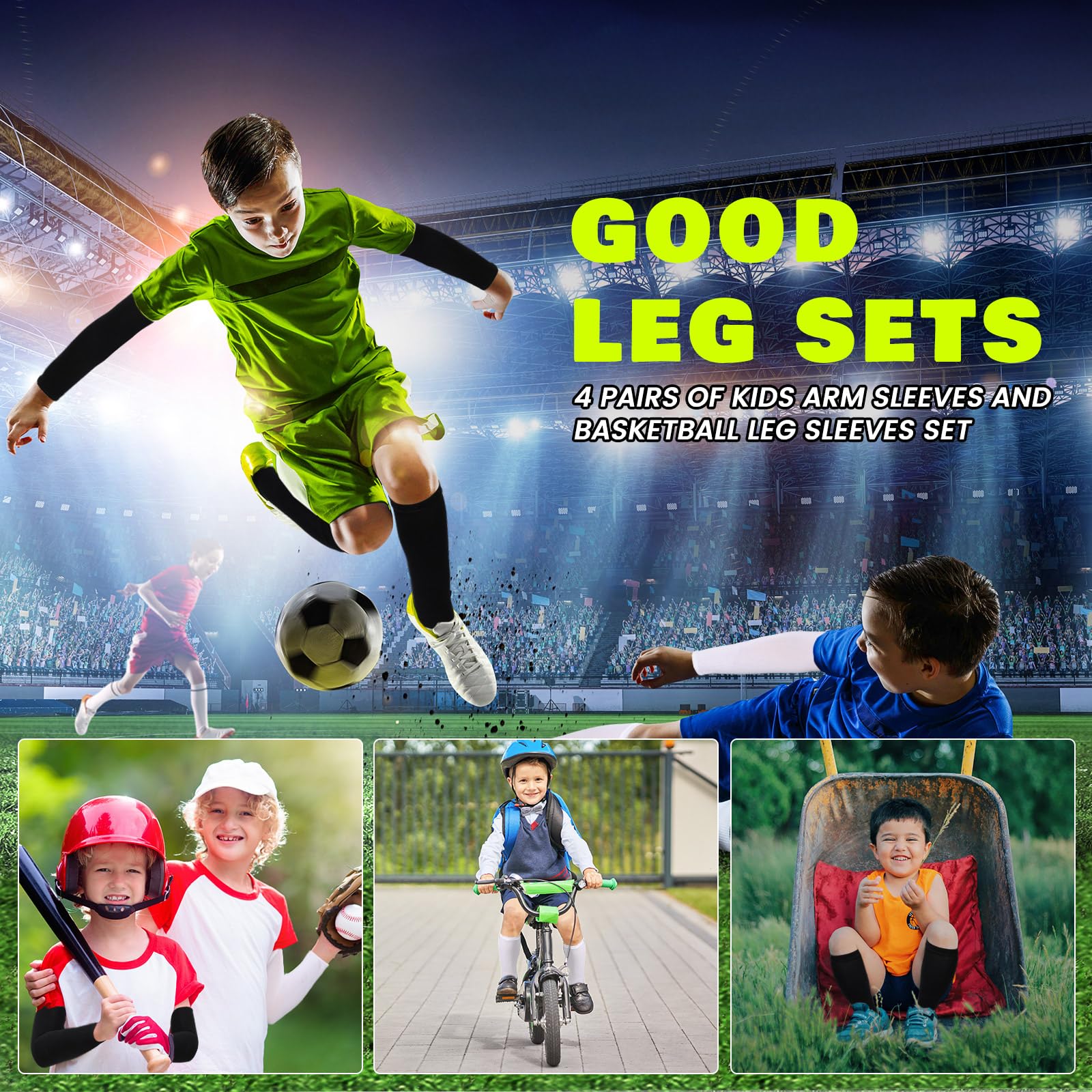 RoundFunny 4 Paar Kompressions-Beinstulpen und Armstulpen für Basketball, Jugendliche, Fußball, Fußball, Sportstulpen für Jungen und Mädchen, Schwarz, Weiß, Einheitsgröße, Schwarz, schwarz, weiß, One