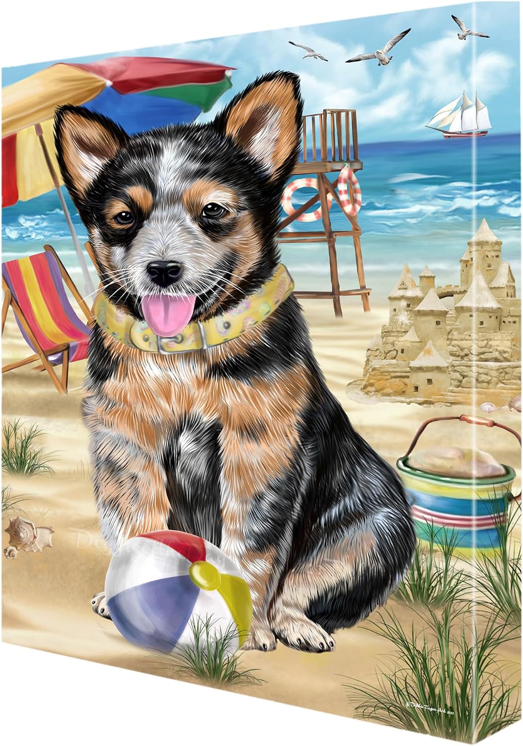 Doggie of the Day Pet Beach with Australian Cattle Dog Canvas Wall Art - Premium Quality Ready to Hang Room Decor - Flat Rolled 16" x 20"