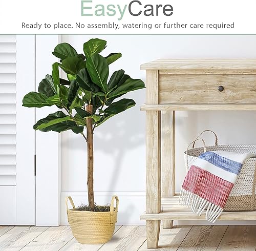 Miniatura 5 de Árbol de higuera artificial de hoja de violín de 3 pies en cesta tejida bohemia, tronco de madera real, premontado, planta sintética de interior sin