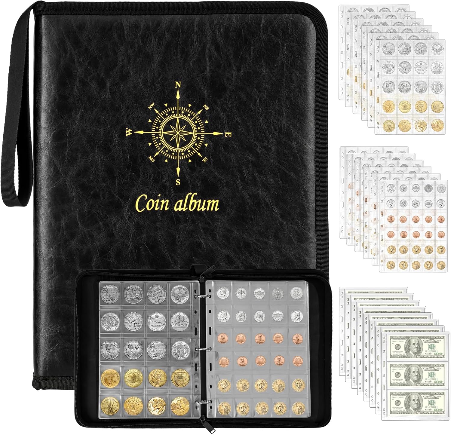 Coin Collection Book Holder for Collectors, Coin & Currency Album with 300 Coin Pockets & 24 Bill Pockets, Collecting Organizer Supplies PU Leather Display Storage Case with Zipper & Carry Strap