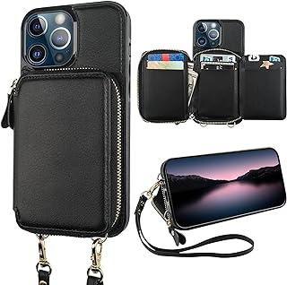 Bocasal RFID Blocking Wallet Case for iPhone 13 Pro Max, Adjustable Crossbody Zipper Purse Case Card Holder with Kickstand Detachable Wrist Strap, PU Leather Flip Folio Case 6.7 Inch 5G (Black)