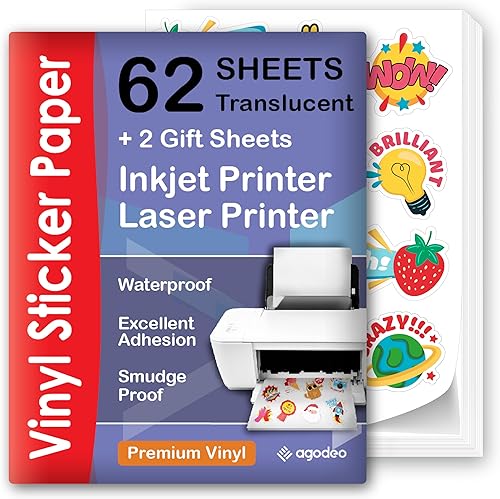 Papel adhesivo semitransparente translúcido para impresora de inyección de tinta e impresora láser, 62 hojas, autoadhesivo a prueba de agua, se seca