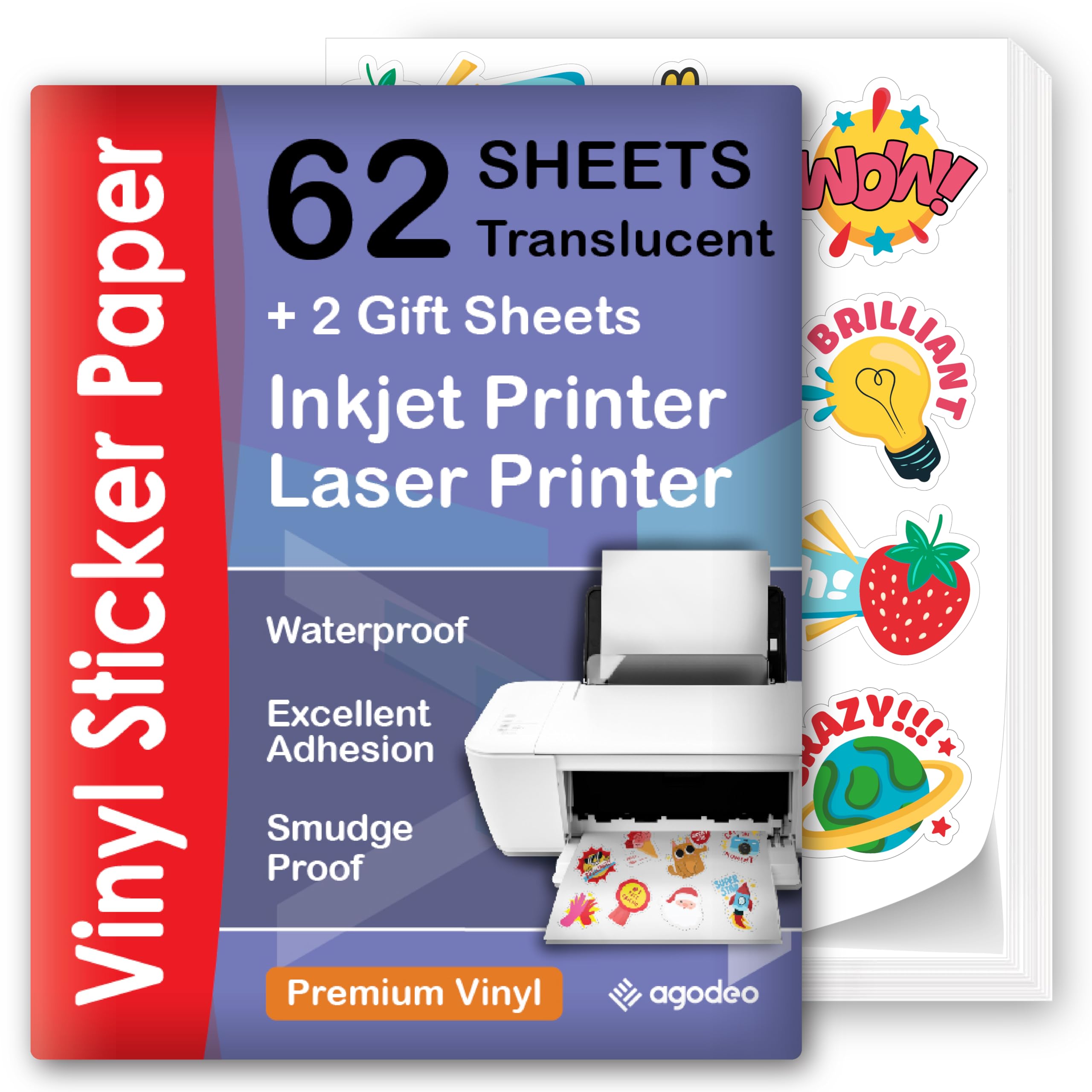 Premium Semi Clear Printable Vinyl Sticker Paper - 62 Sheets - A4 - Semi Transparent Sticker Paper for Laser & Inkjet - Waterproof Printable Sticker Paper That Dries Quickly - Compatible with Cricut