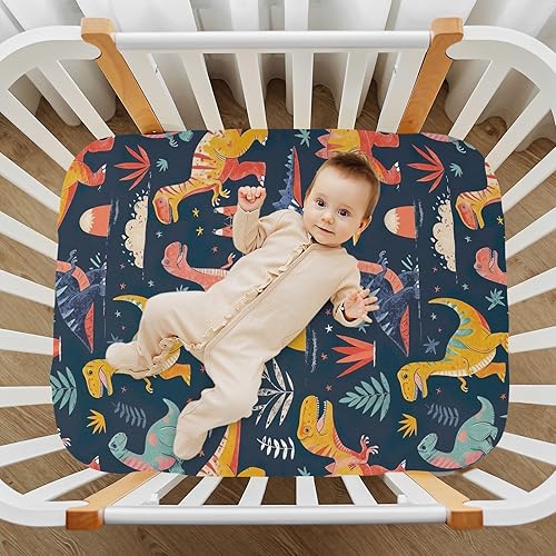 Miniatura 7 de Kigai Fitted Crib Sheet for Boys Girls,Cartoon Dinosaur Jersey Knit Baby Sheet for Standard Crib and Toddler Bed Mattresses, Cozy Soft Breathable,