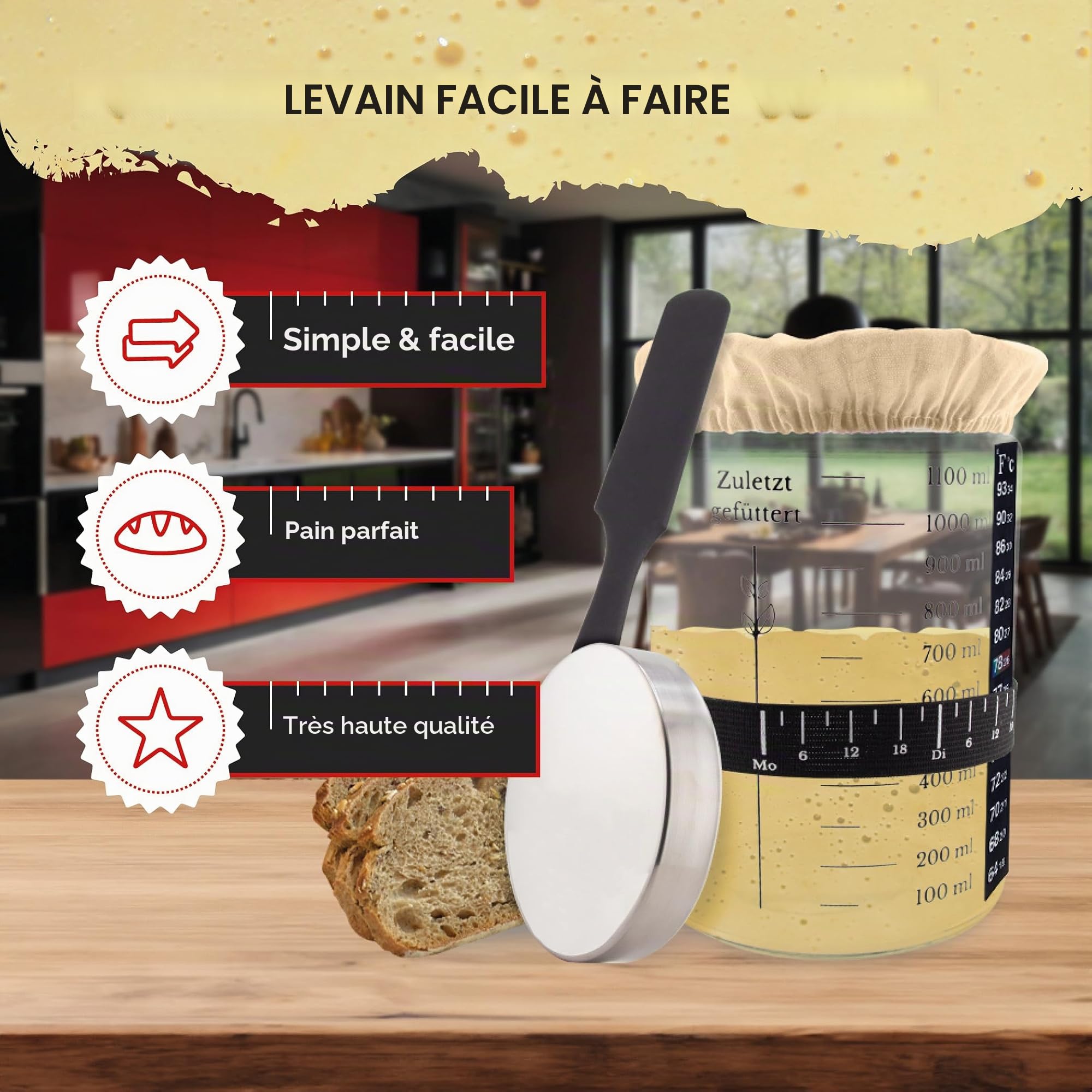 Kit de démarrage pour levain - Bocal 1100 ML avec thermomètre, Bande de nourrissage, racloir, Couverture et Couvercle en Aluminium - Accessoires pour la Boulangerie Maison