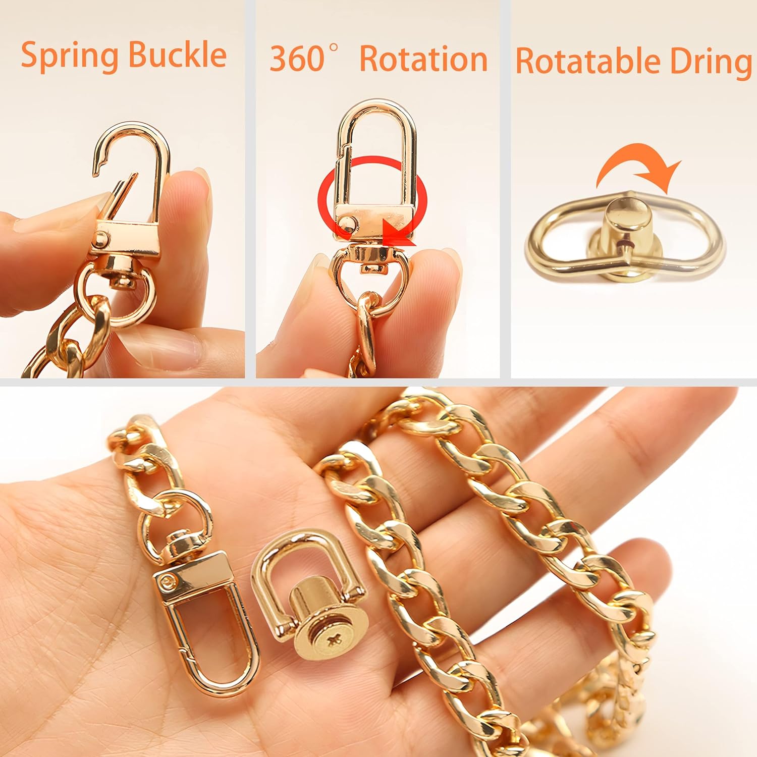 INKNOTE 8pcs Purse Chain Strap Short Flat Extender with 16pcs D Ring Rivets Hardware for DIY Handbag Shoulder Cross Body Replacement Metal Buckles 20cm 4 Colors