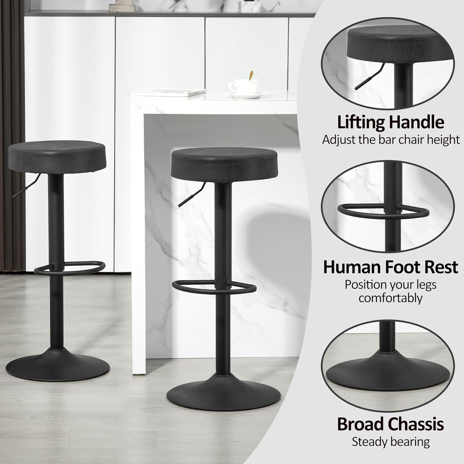 Finnhomy Bar Stools Set of 2 Counter Height, Swivel Barstools with Footrest and Backless Round, Height Adjustable Rustic Bar stools for Kitchen, Vintage Leather, Retro Black