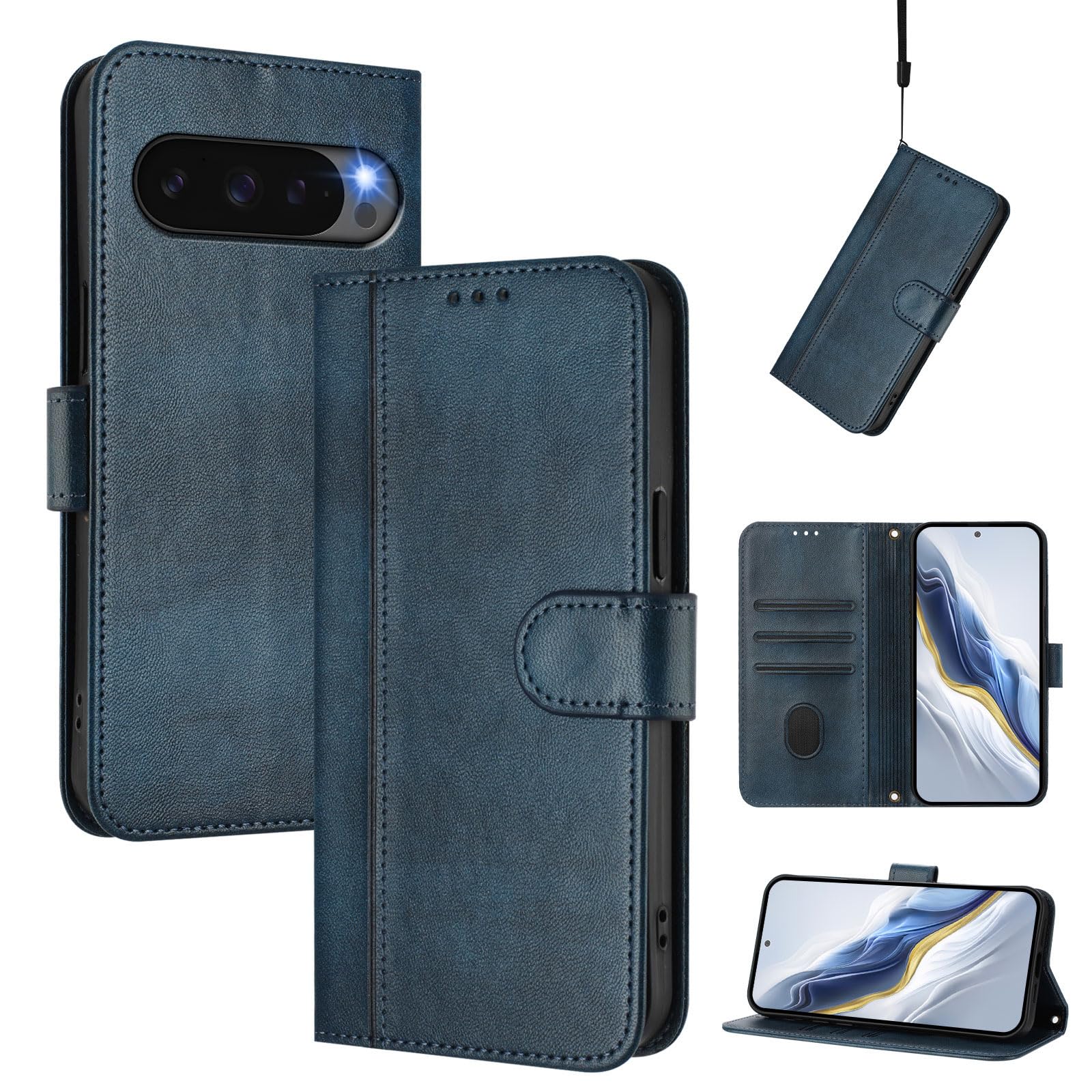 for Google Pixel 10 and Pixel 10 Pro Phone Case Wallet, Flip Leather TPU Cover with Card Holder Wrist Strap, Dark Blue