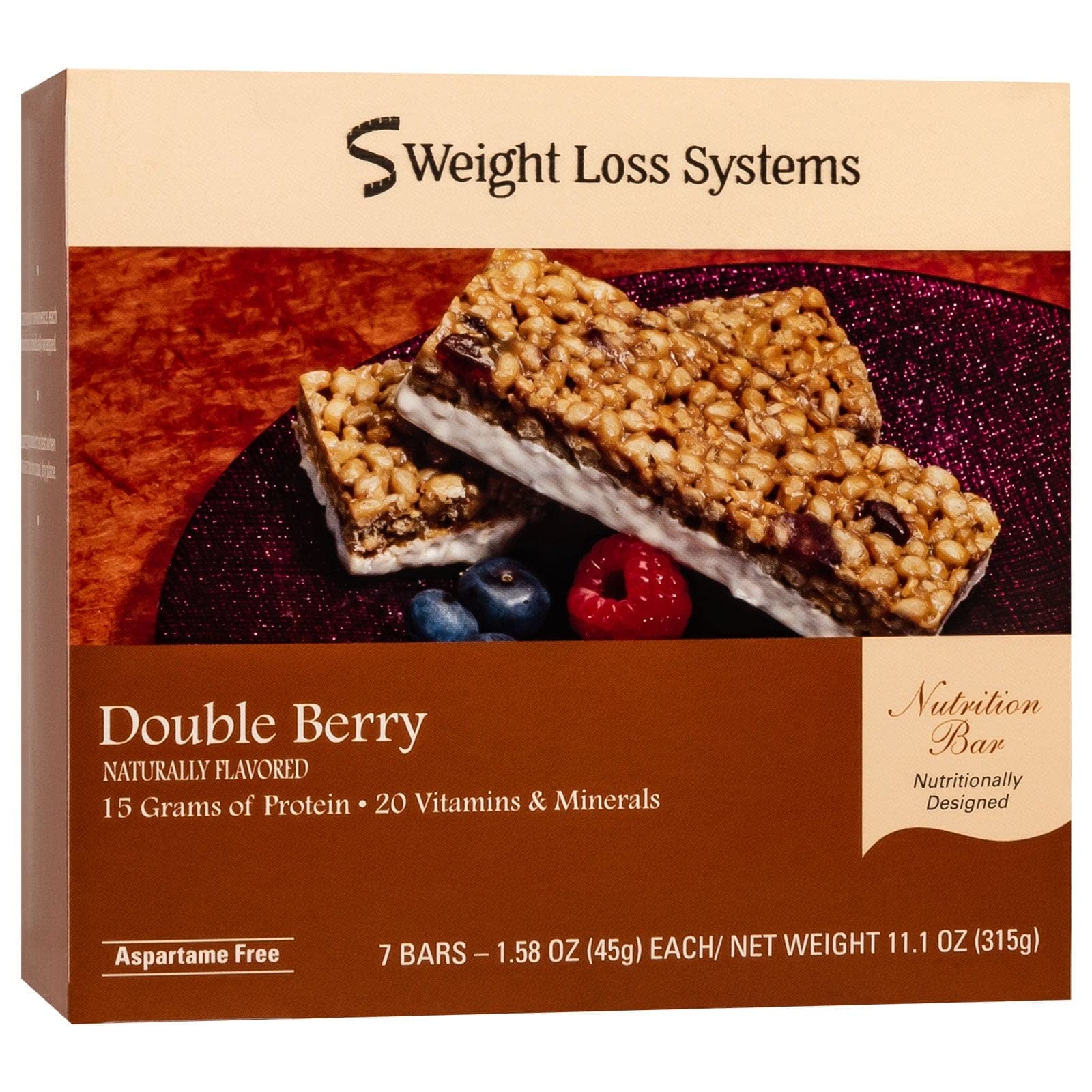 Barras de proteína de doble baya Weight Loss Systems, 15 g de proteína, bajas en calorías y grasas, fortificadas con vitaminas, sin aspartamo, ricas en fibra, con certificación kosher, caja de 7 unidades