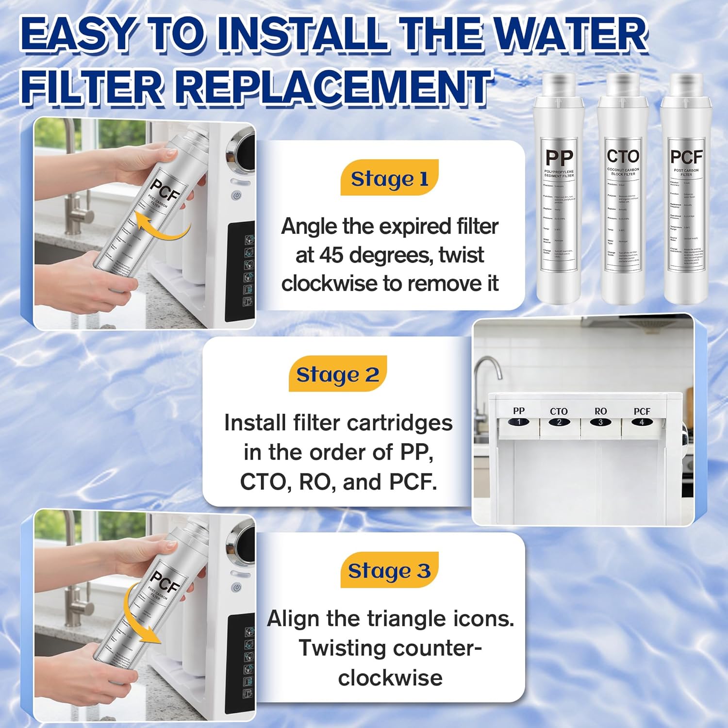 3 Pack Water Filter Replacement Compatible with Bluevua RO100ROPOT, Water Filters Set, 1 PP, 1 CTO, 1 PCF, Improved Drink Quality, Easy to Replace for Household Daily Use Drinking
