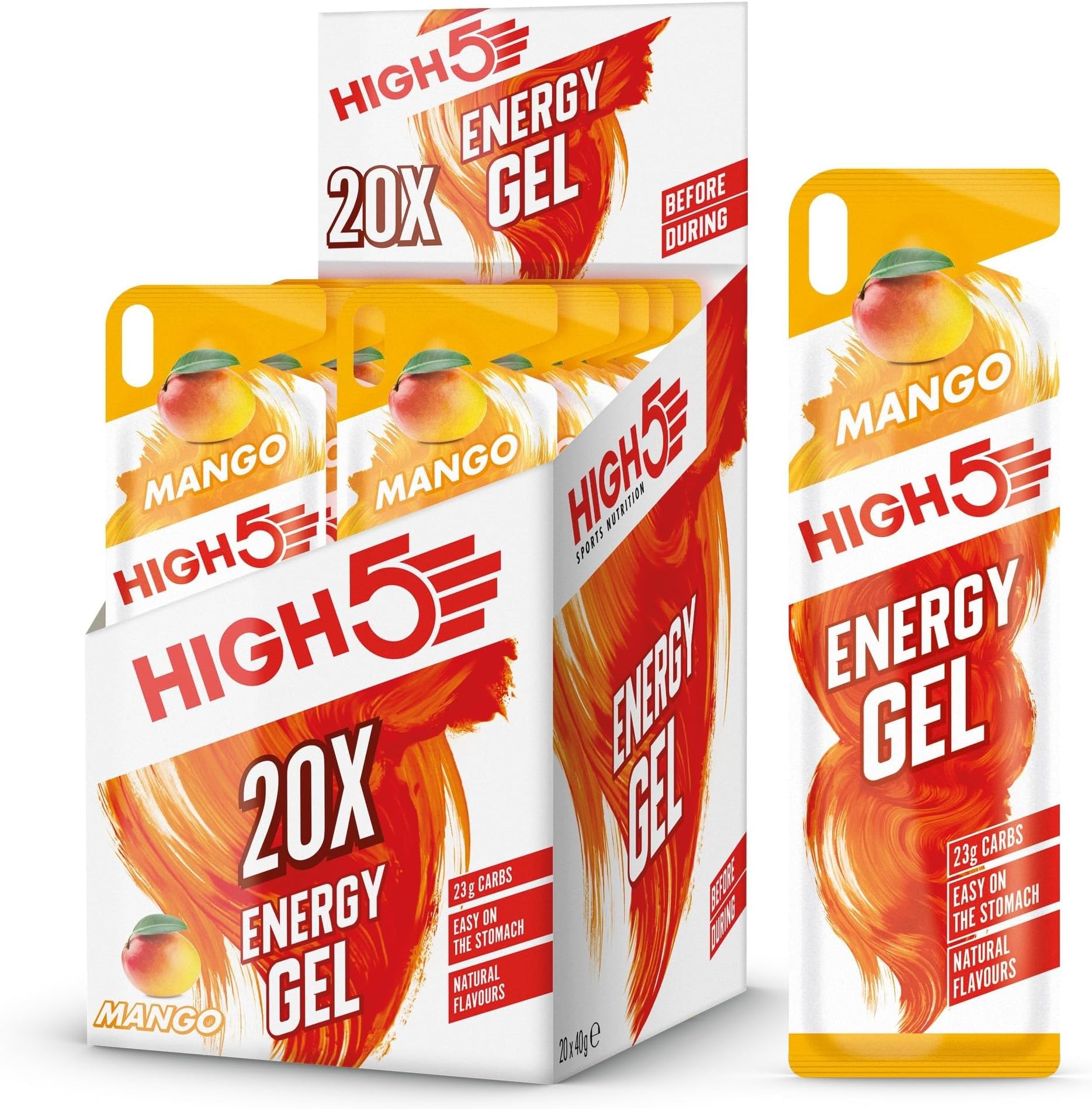 HIGH5 Energy Gels Cycling - Sports Nutrition for Quick Muscle Energy - Natural Fruit Juice & Caffeine-Free - Instant Fuel Gel for Cycling, Running Snacks, Mountain Fuel Gels (Mango, 20 x 40g)