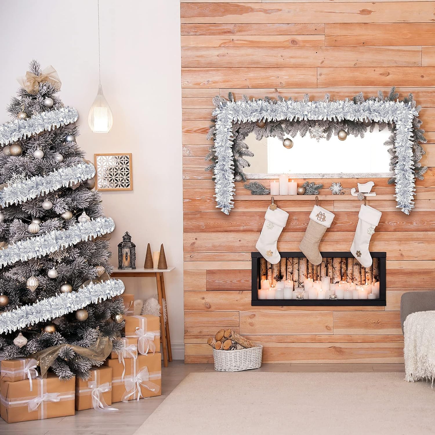 KRIWIN 6 pcs Artificial Tinsel Garlands Length-5.5 ft for Christmas Decor, Home Office Party Decoration (Silver) 1
