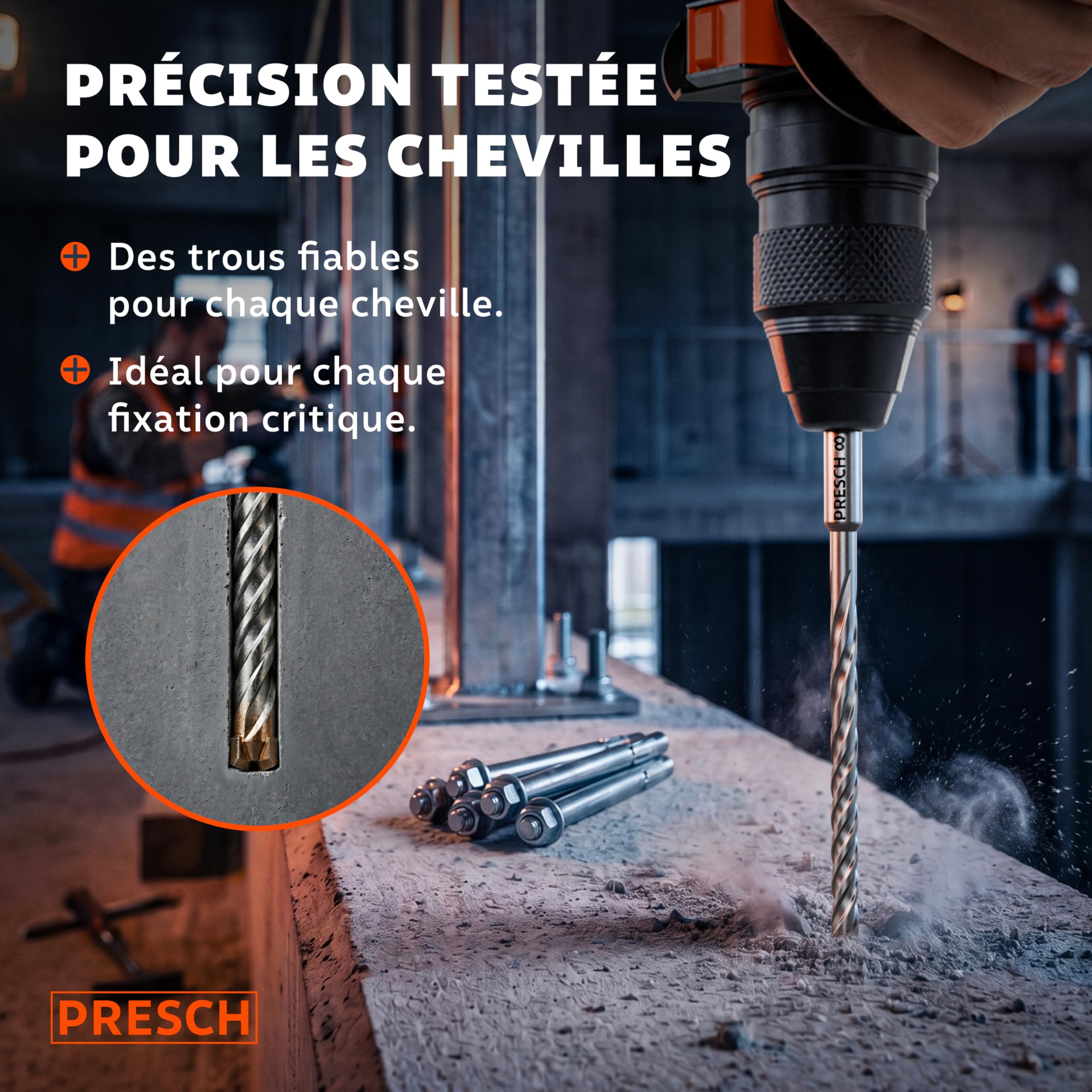 PRESCH Forets Béton SDS plus 10mm (10 pcs) – Mèche béton armé et pierre à 4 taillants carbure – Indicateur de profondeur de perçage – Foret SDS Plus robuste pour granit, brique et maçonnerie