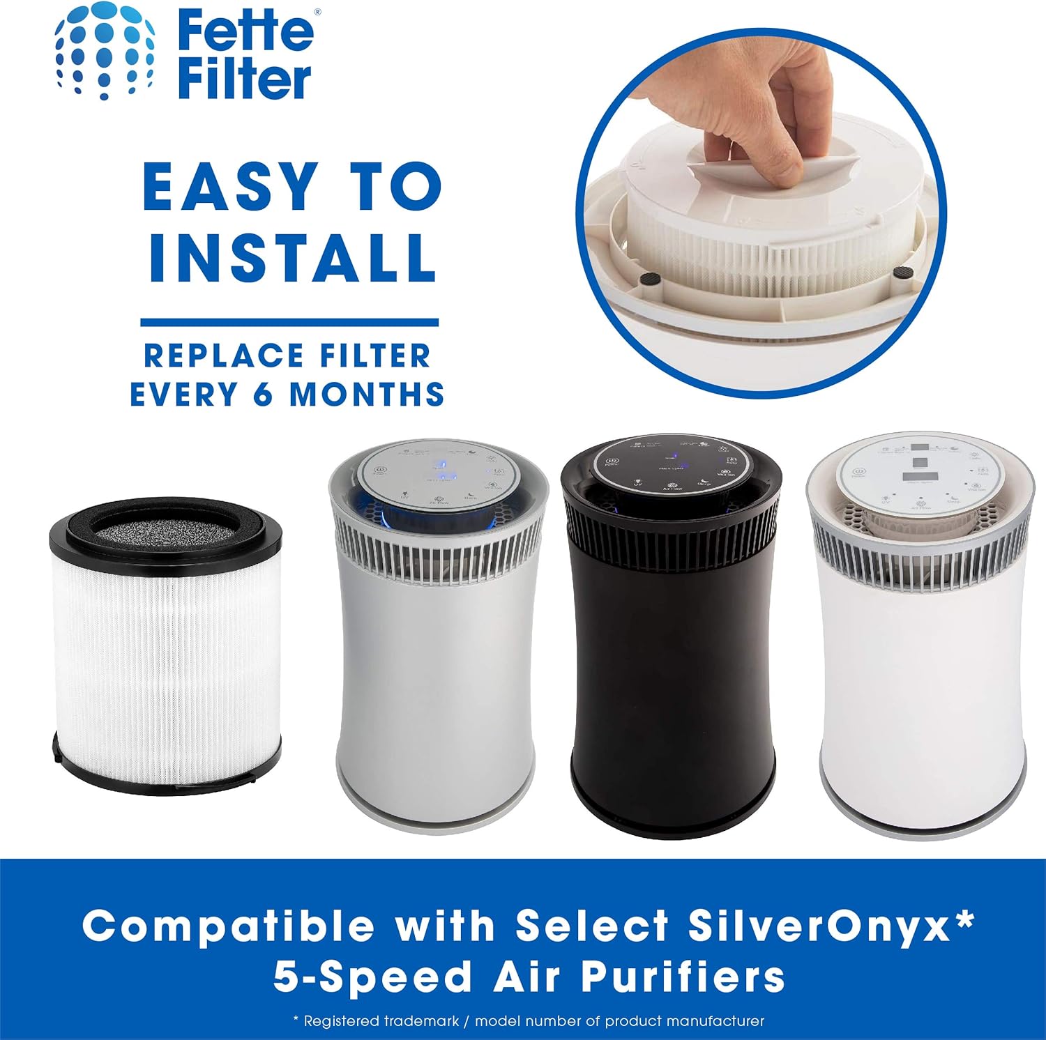 Fette Filter - 2 Pacl H13 True HEPA Replacement Filter, Compatible with SilverOnyx 5-Speed Air Purifier KJ150F-C02, 4-in-1 H13 Grade True HEPA filter, For Large Room 500 sq ft,