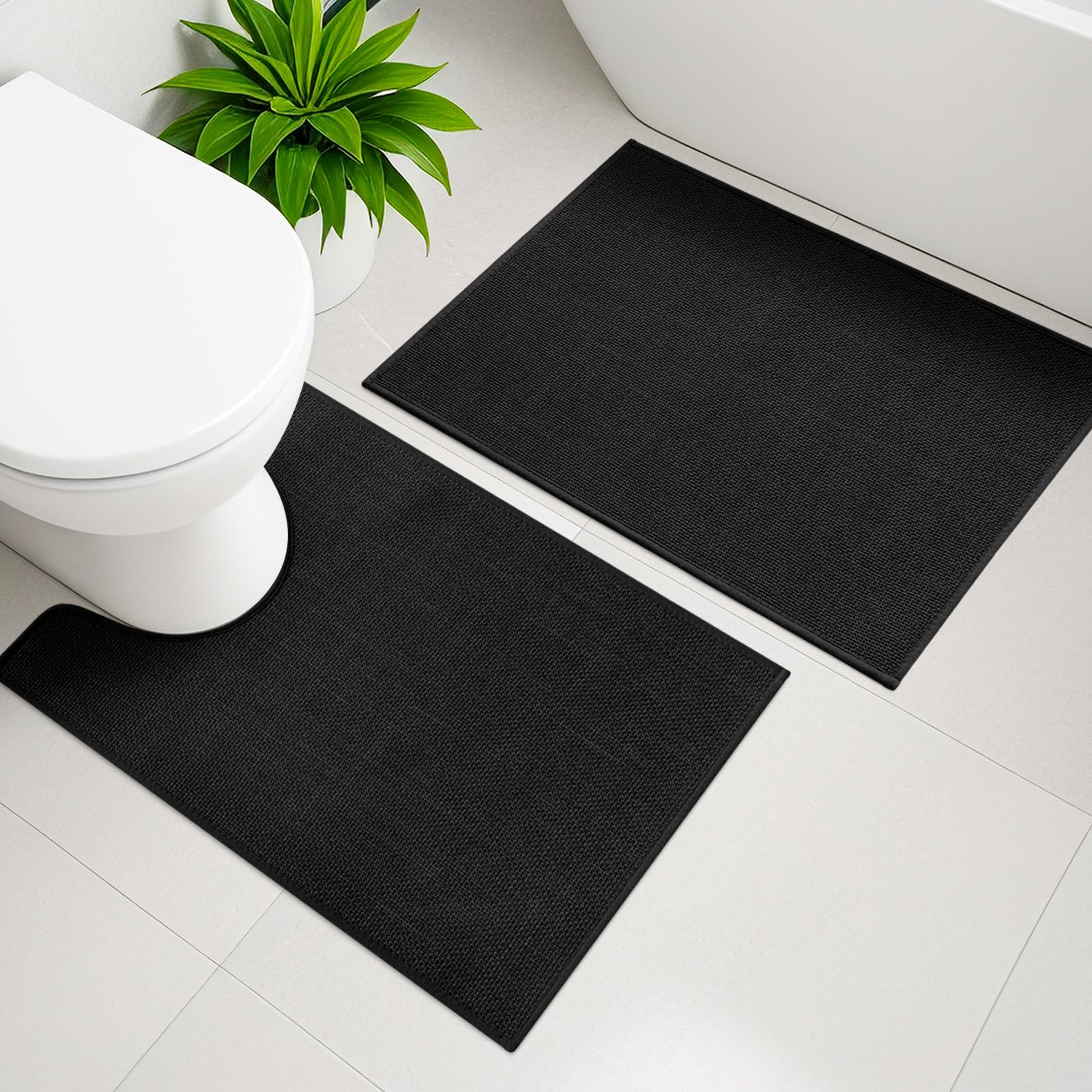 YIHOUSE Black Bathroom Rug Sets 2 Piece, Bathroom Mat Quick Dry, Thin Bath Rug Set,Absorbent Bath Mat for Bathroom Non Slip Washable for Toilet and Floor(17.5"x24"U+17"x24")