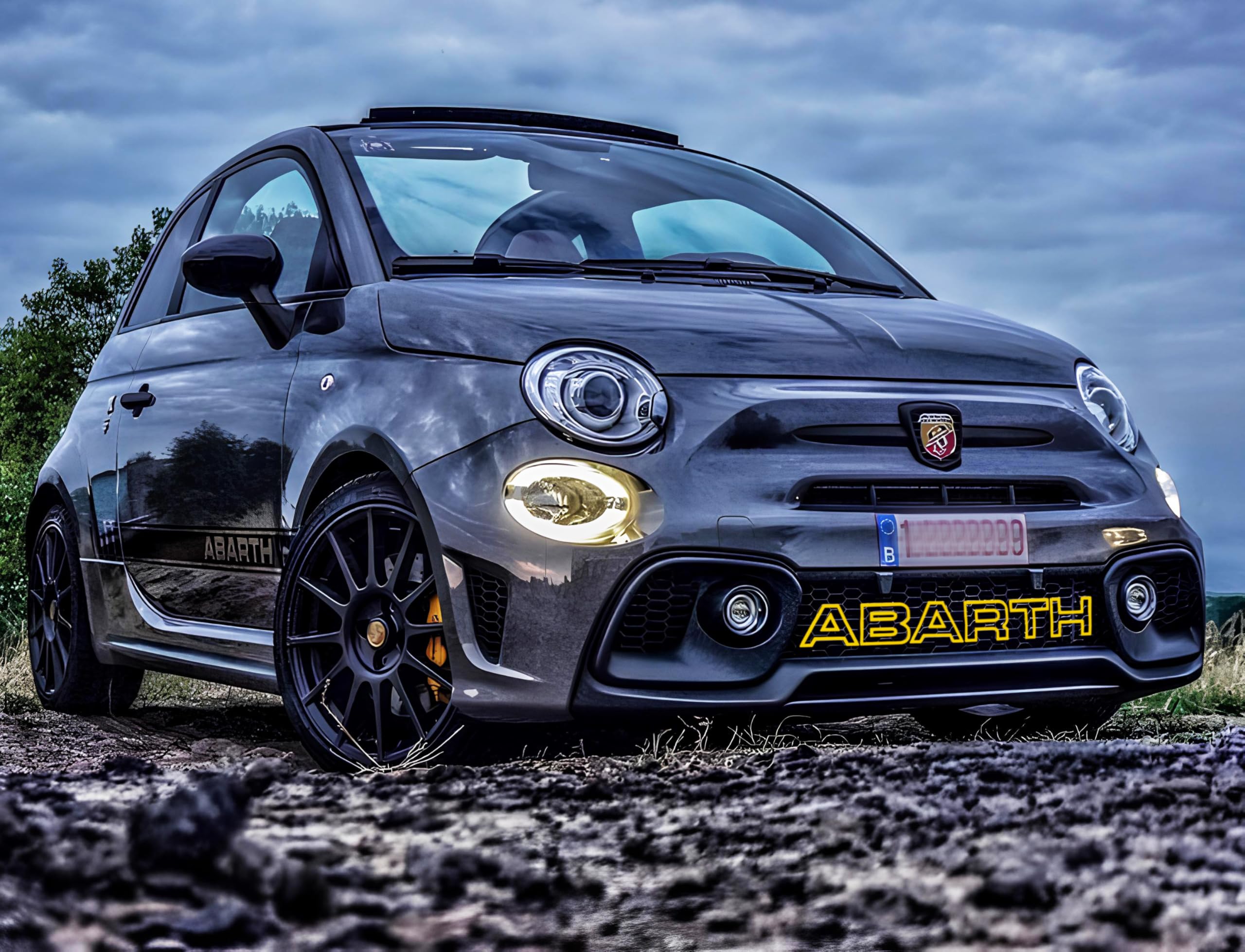 Abarth Schriftzug für Vordere Gitter - FIAT 500 Kühlergrill Dekoration im Originalstil - Logo für Vorderen Grill Punto Evo 595 Personalisierung (Gelb)
